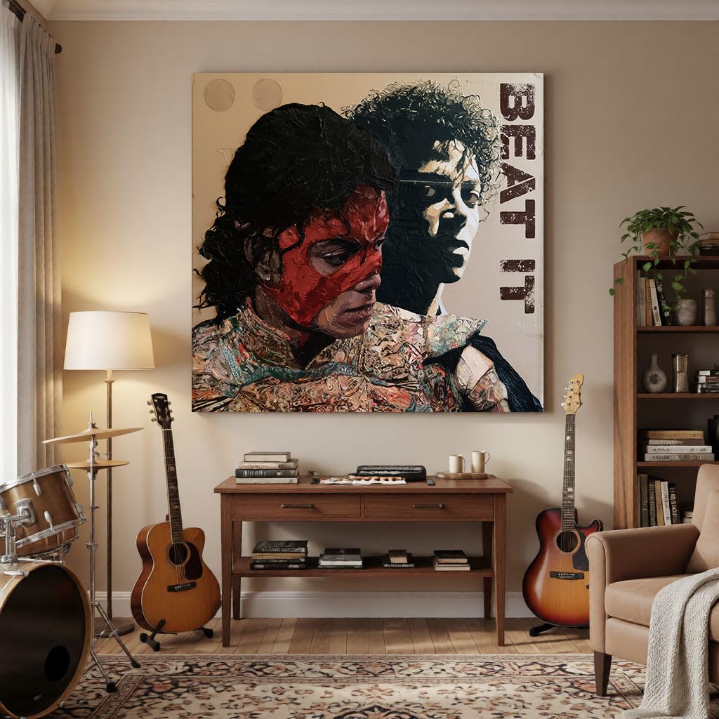 Michael Pop Art Impression sur toile « Beat It » - Musique moderne - Style street art et pastel - Poster cool King of Pop avec masque rouge - Décoration pour salon, salle de musique et studio - 80 x