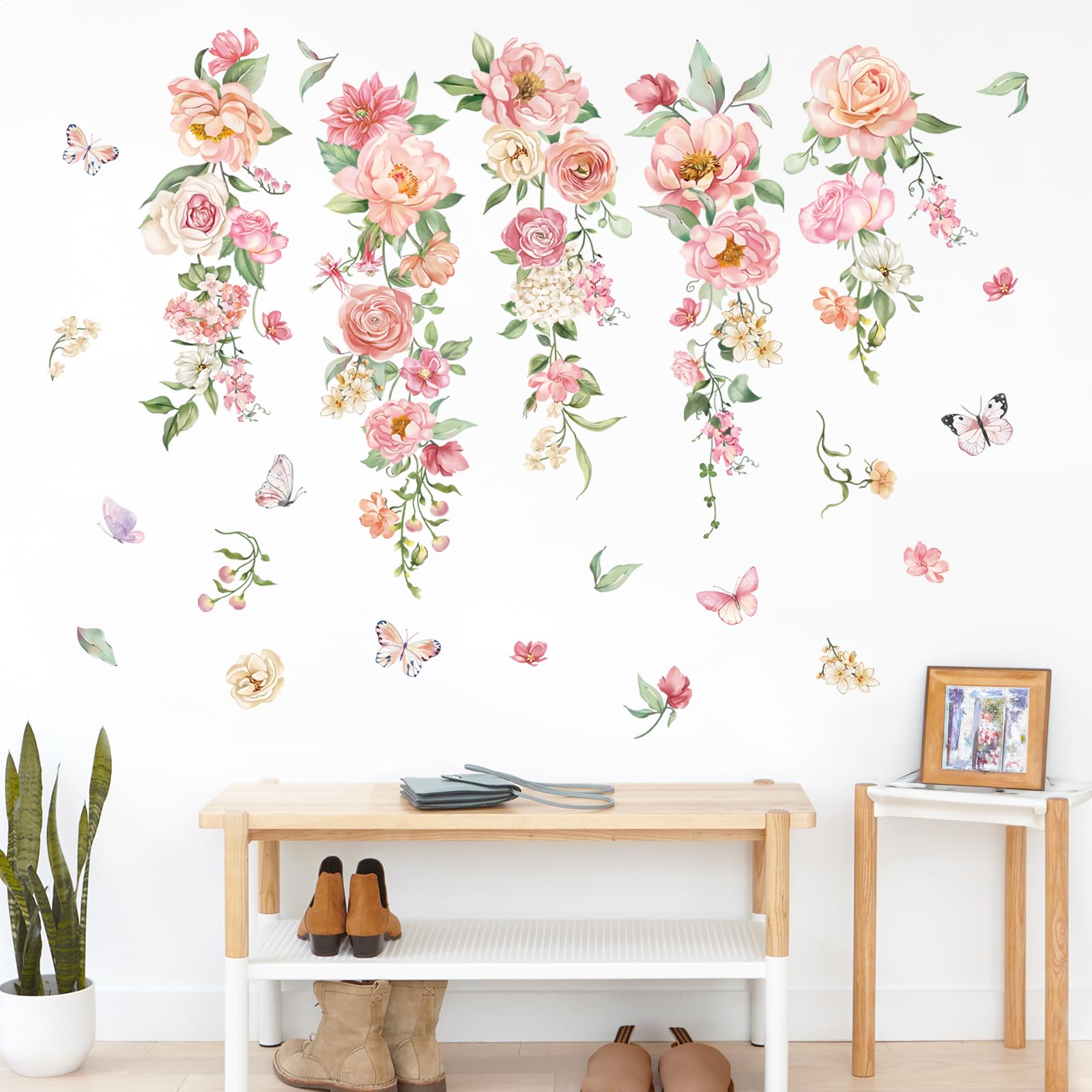 FUFUQUARE Pink Hanging Flower Wall Sticker Elegant Peony Floral Butterfly Wall Art Decal Removable Peel and Stick for Living Room Bedroom Sofa TV Background