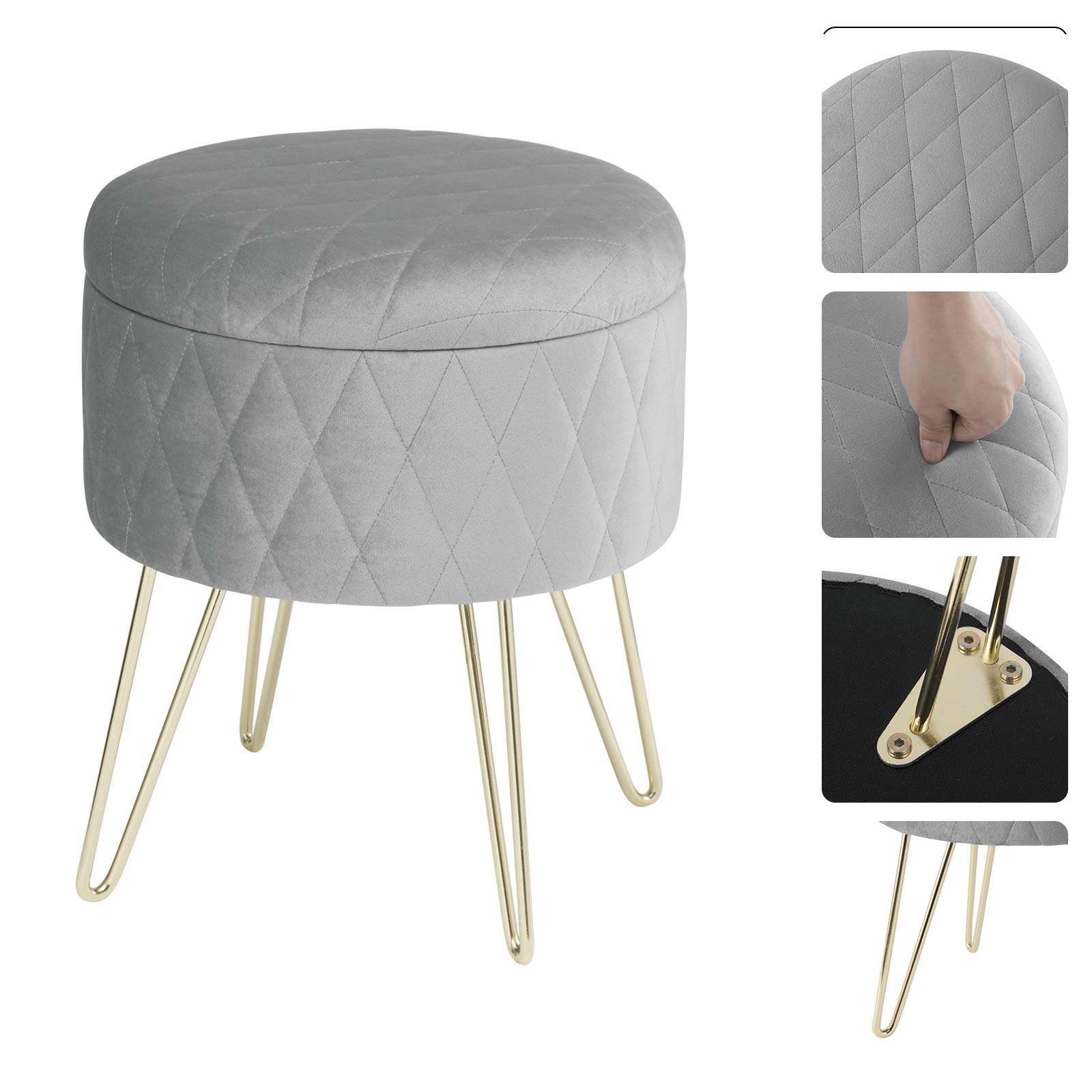 WOLTU Puff Asiento Almacenaje Terciopelo Redondo/Otomana Taburete Sofá Dormitorio Habitacion con Tapa Caja de Almacenamiento 31,5 x35cm Gris Claro