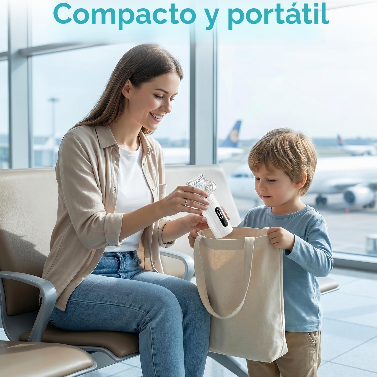 Humidificador Portátil Silencioso para Adultos y Niños, Dispositivo Recargable con 2 Mascarillas y Boquilla, 2 Modos Ajustables, Pantalla LED, Diseño Compacto para Viajes y Uso Diario