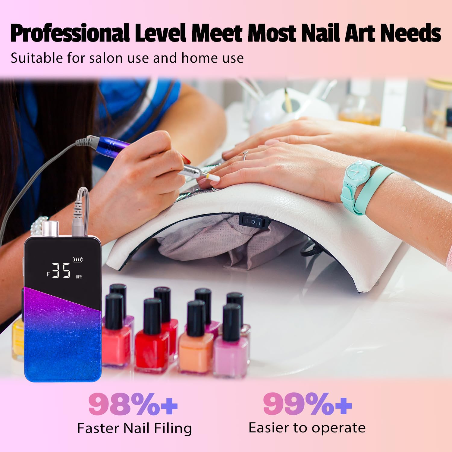 Electric Nail Drill Machine 35000RPM Professional Portable Nail File Cordless Rechargeable Nail Efile for Acrylic Gel Nails Manicure Pedicure Polishing Shape Tools for Salon Home Use Nail Drill(Blue)