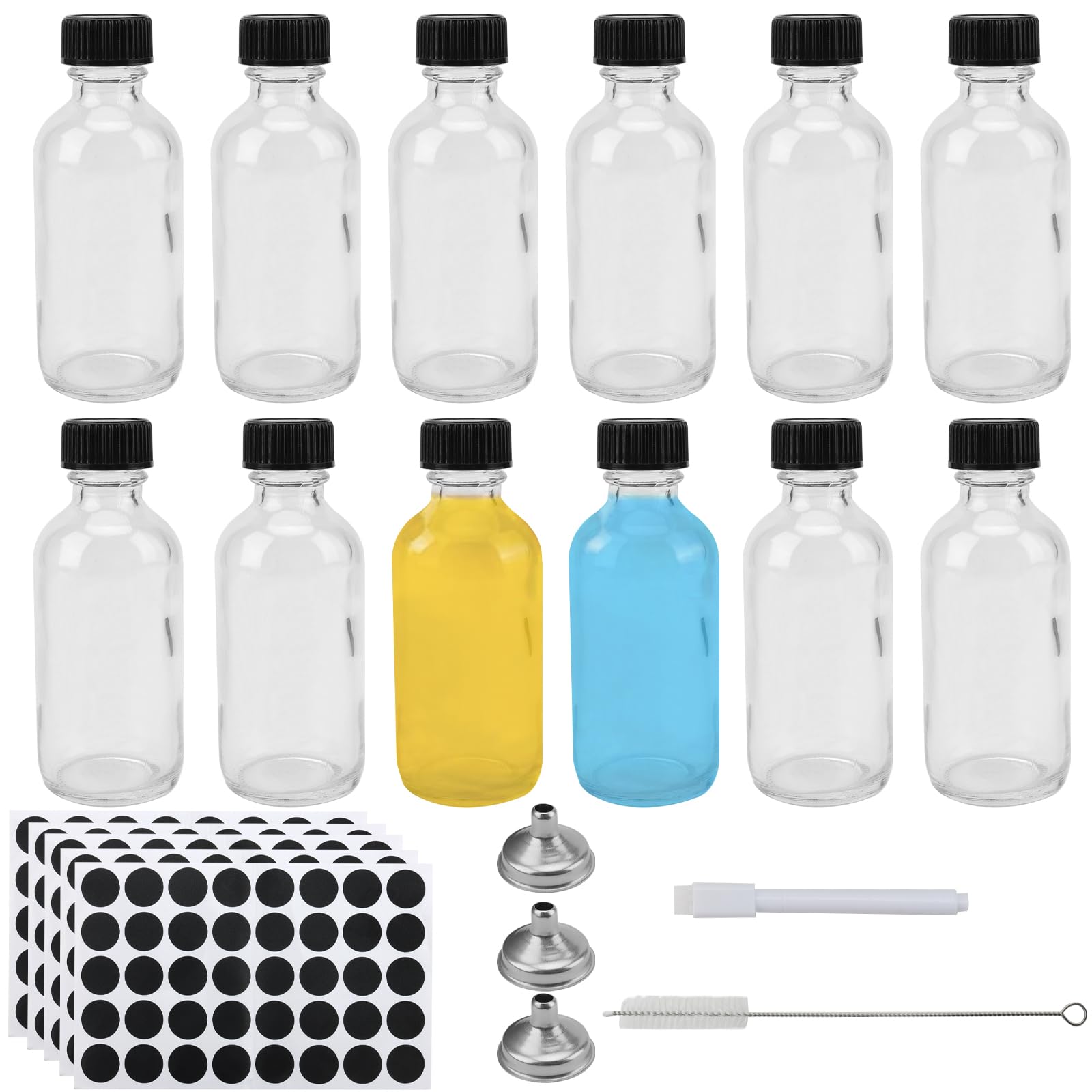 12 Pack 60ml Mini Glass Bottles, 2oz Clear Shot Bottles with Lids, Funnels, Stickers and Brush, Small Empty Glass Bottles for Water, Juice, Ginger, Whiskey, and Essential Oil