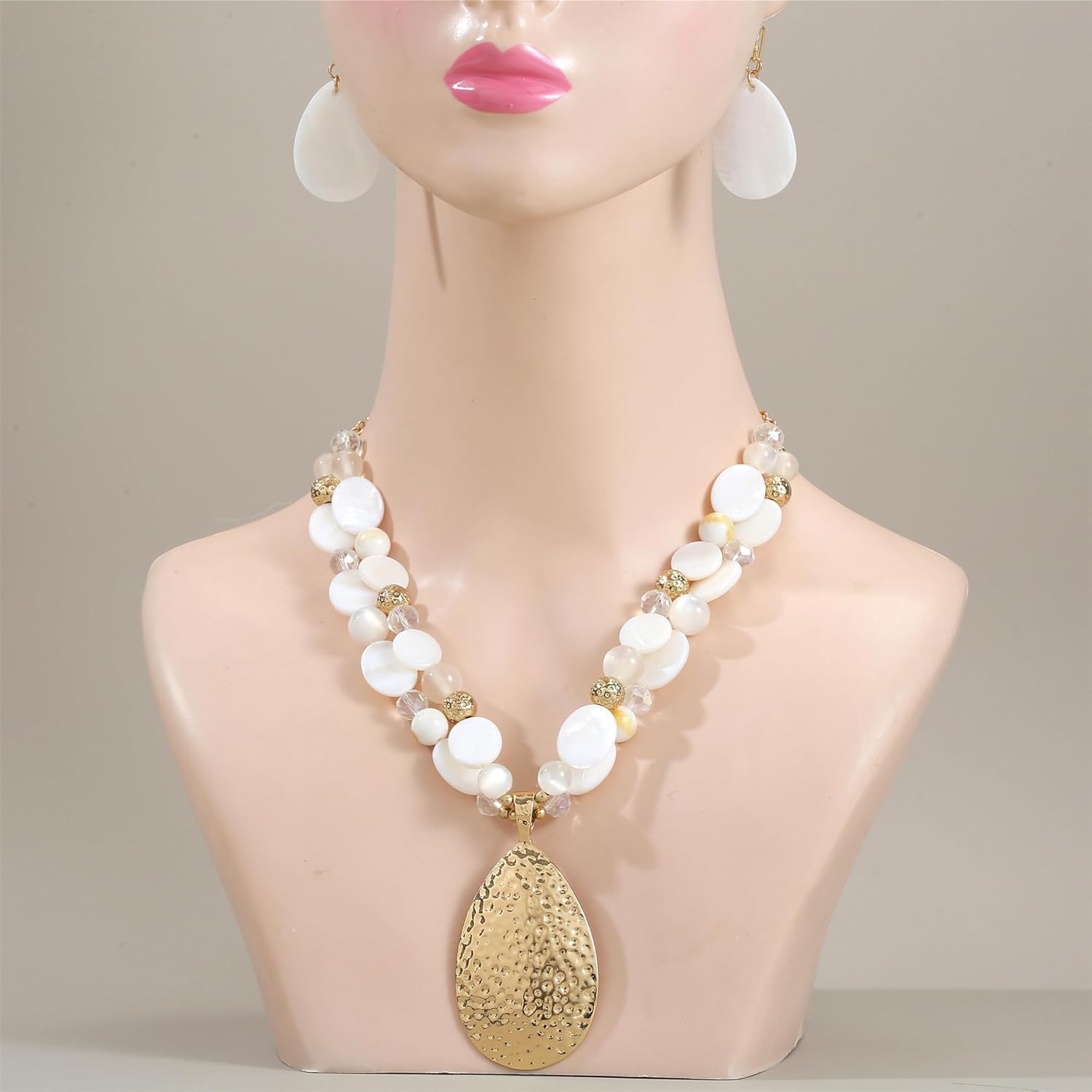 Gold/Silver 20''+3'' Teardrop Pendant Statement Necklace for women Trendy Colorful Crystal Shell Beaded Gemstone Necklaces and Earrings Set Womens Layered Boho Chunky Necklaces and Dainty Teardrop Earrings Jewelry Gifts - Image 3