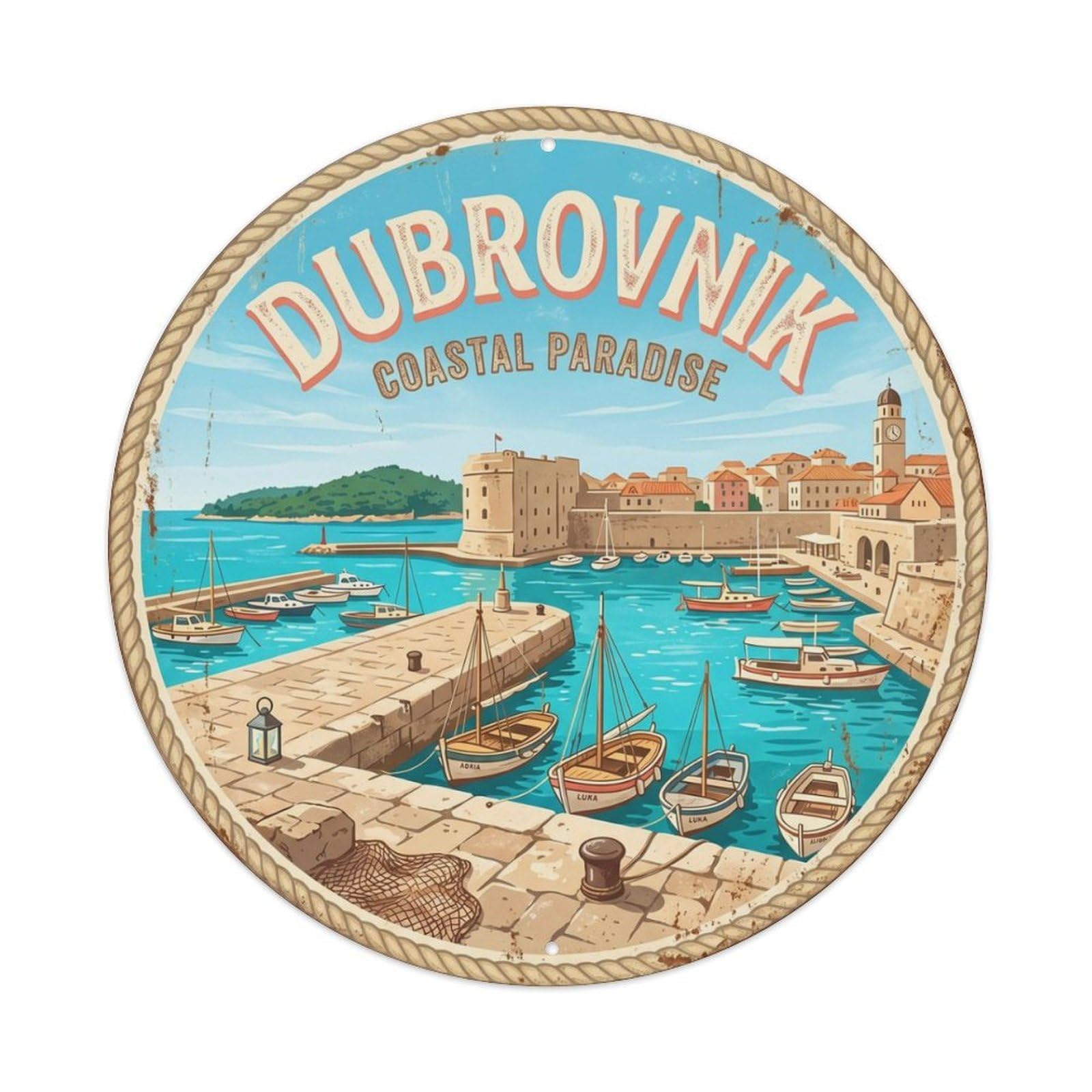 Vintage Travel Dubrovnik Croatia Port Metal Tin Sign Plaque Wall Decor for Cafe, Club, Garden Round Metal Poster 8x8Inch