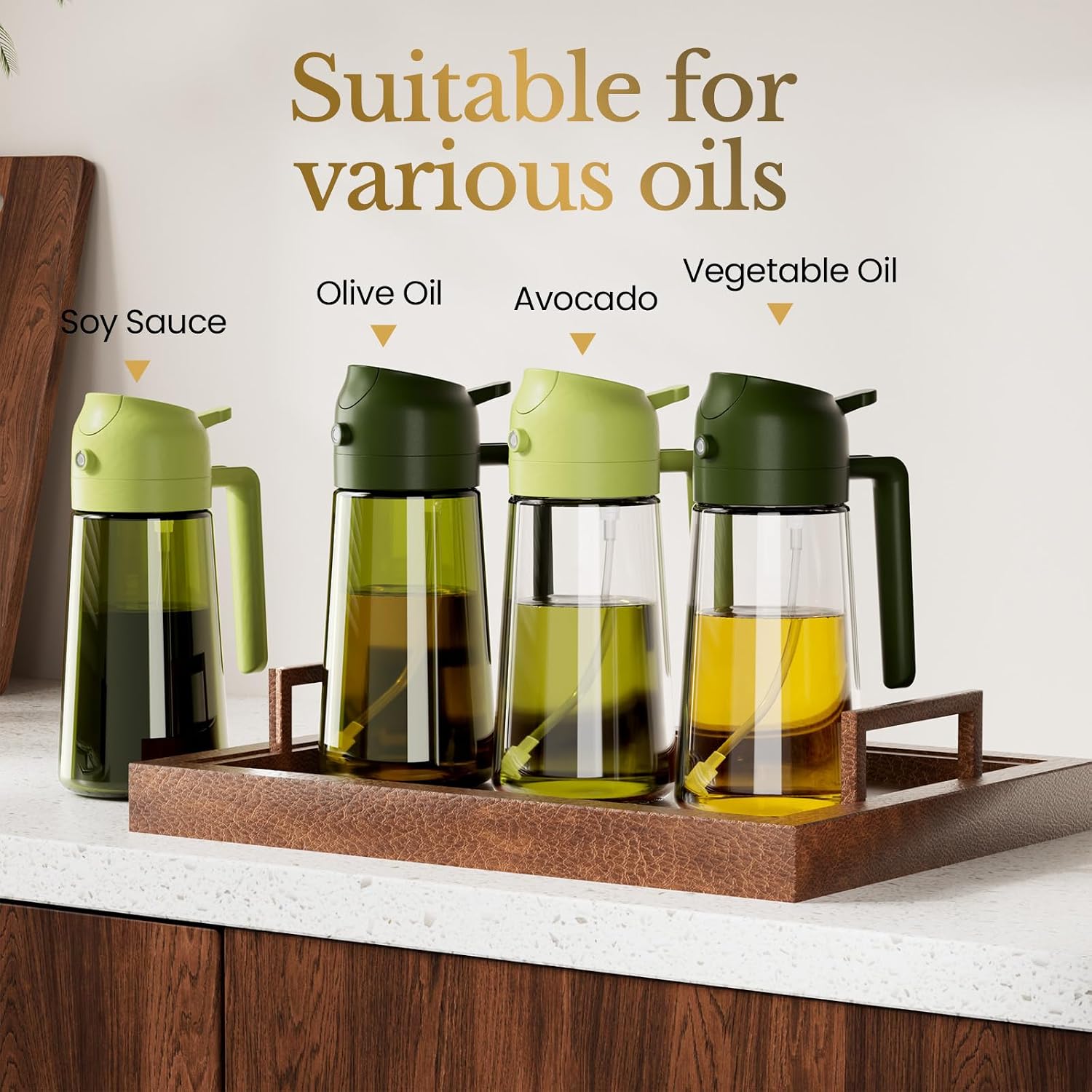 YARRAMATE 4 Pack Olive Oil Sprayer for Cooking, 16oz Glass Oil Dispenser Bottle Set with UV-Protected Dark Glass, 2 in 1 Oil Mister for Air Fryer, Aesthetic Kitchen Gadgets & Gift Set