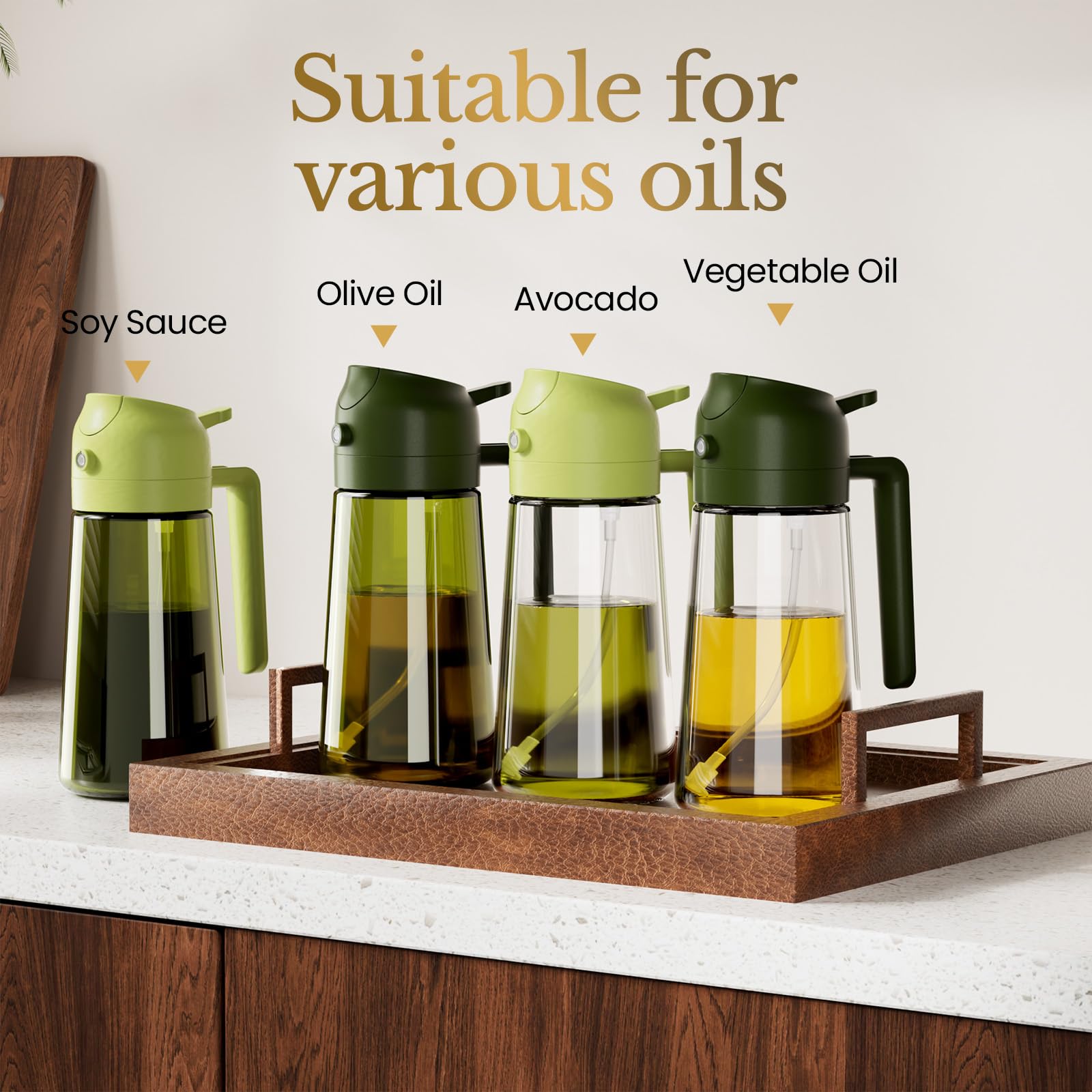 YARRAMATE 4er-Pack Olivenölzerstäuber zum Kochen, 16 oz Glas-Öldosierer-Set mit UV-geschütztem Dunkelglas, 2-in-1-Ölsprüher für Heißluftfritteuse, ästhetische Küchenhelfer & Geschenkset