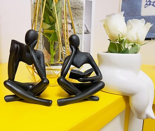 Miniatura 8 de Estatua de pensador de lectura dorada de 2 piezas, figuras modernas, escultura estética abstracta, juego de estatua de resina para decoración del