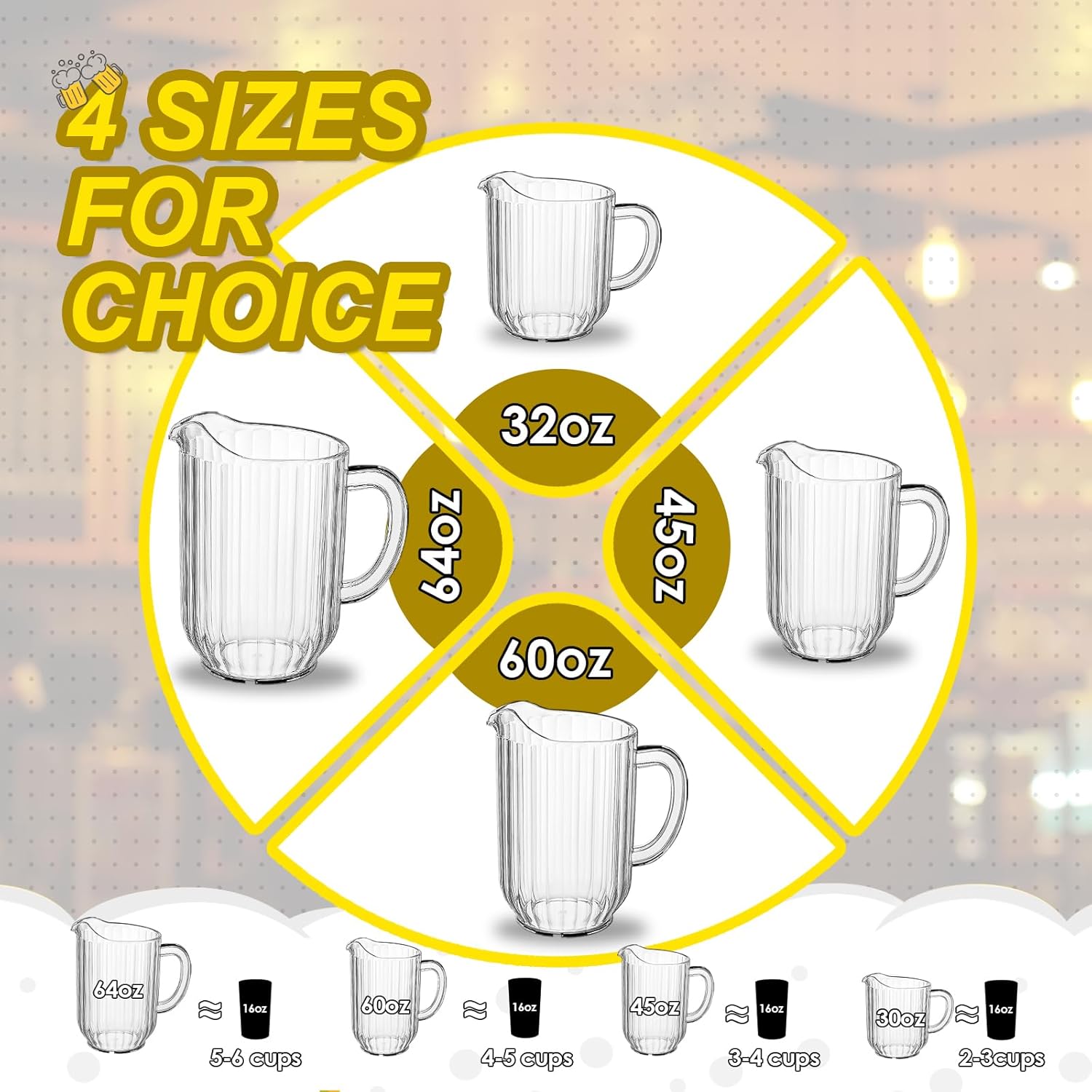 64 oz Plastic Beer Pitcher Set,Commercial Grade Anti-Drip Restaurant Water Pitcher with Handle,Frost-Resistant Design,Ideal for margarita, Sangria, Lemonade Iced Tea (6 Pack, 64oz(2000ml))