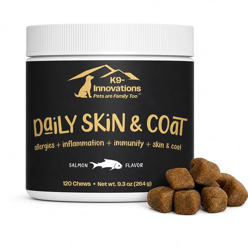 Suplemento para cães para pele e pelagem com Ômega 3, vitamina C e sabor salmão K9- INNOVATIONS PETS ARE FAMILY TOO — 120 mastigáveis macios