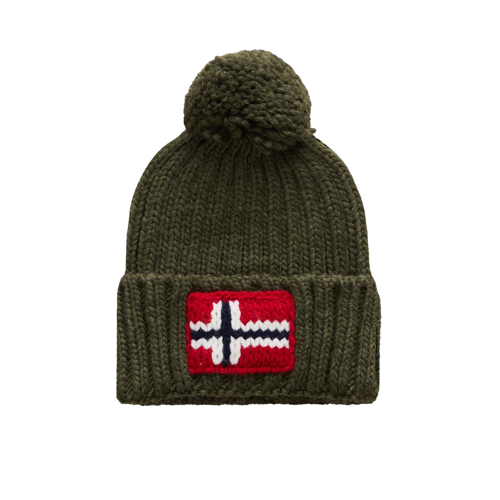 Napapijri Semiury Knitted Bobble Beanie Hat, Norwegian Flag Design, Army Green