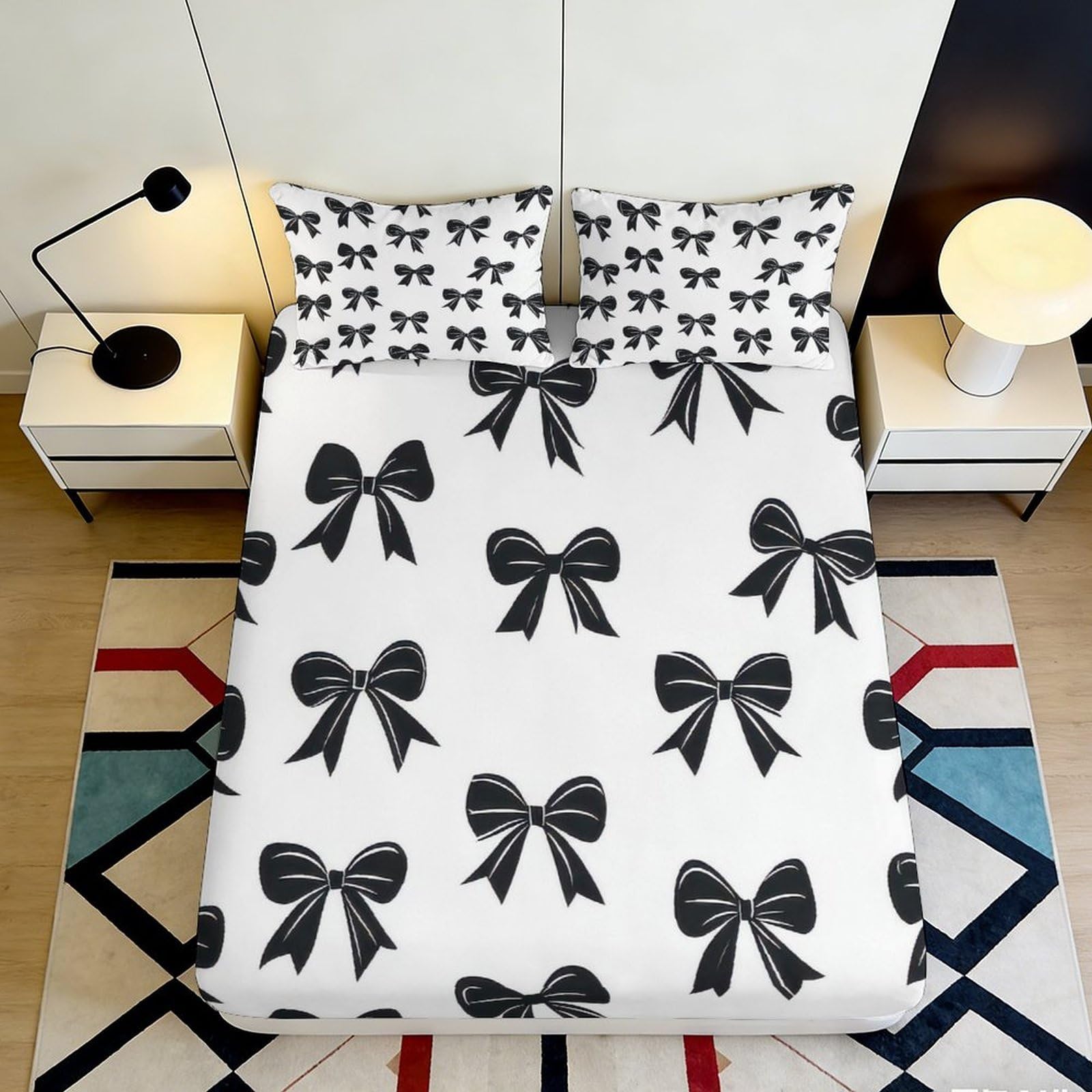 3D Printed Black Bow Fitted Sheet Microfiber White Ribbon Bed Cover for Bedroom Guest Room Mattress Protection 160x200x25cm