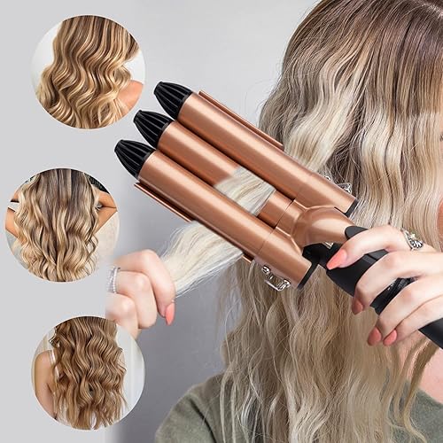 Miniatura 10 de Ondulador de cabello de 3 barriles, engarzador de cabello de doble voltaje de 1 pulgada para mujer, plancha de pelo profesional, rizador ondulado,
