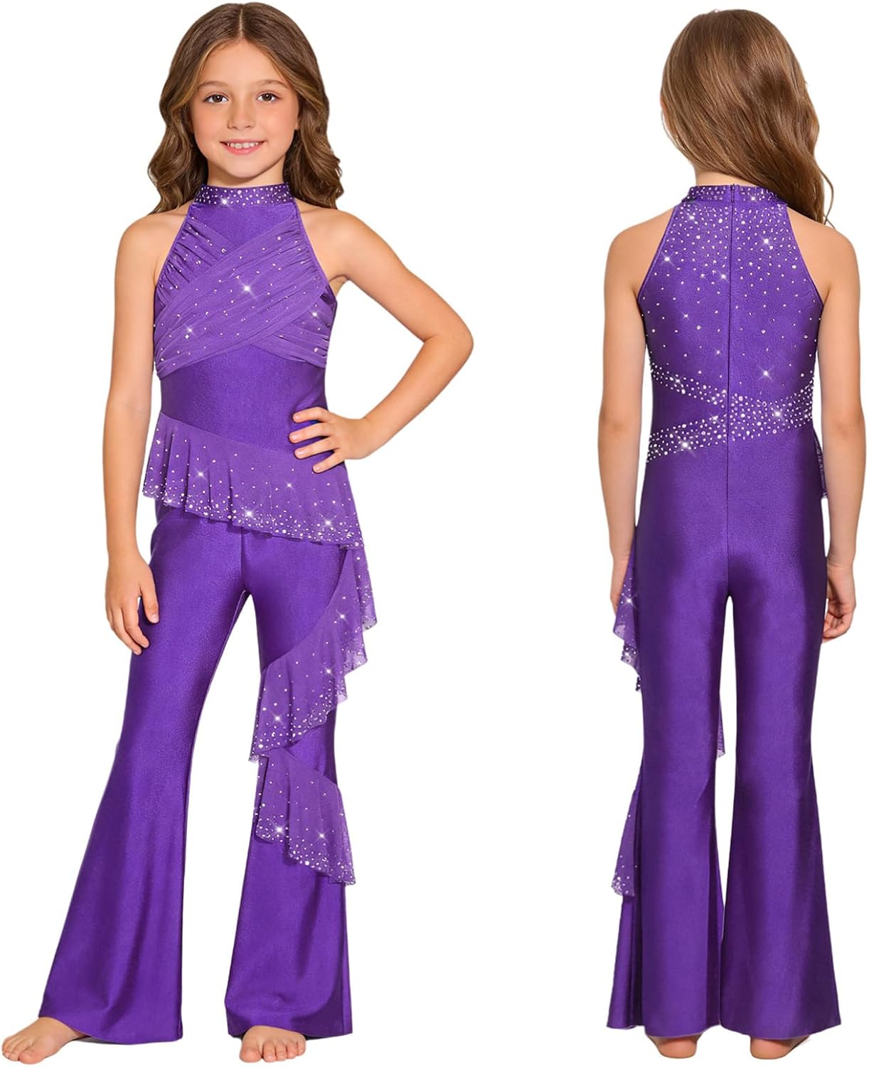 Alvivi Girls Sparkly Latin Dance Jumpsuit Rhinestone Sleeveless Figure Skating Leotard Bell Bottom Jazz Dance Bodysuit