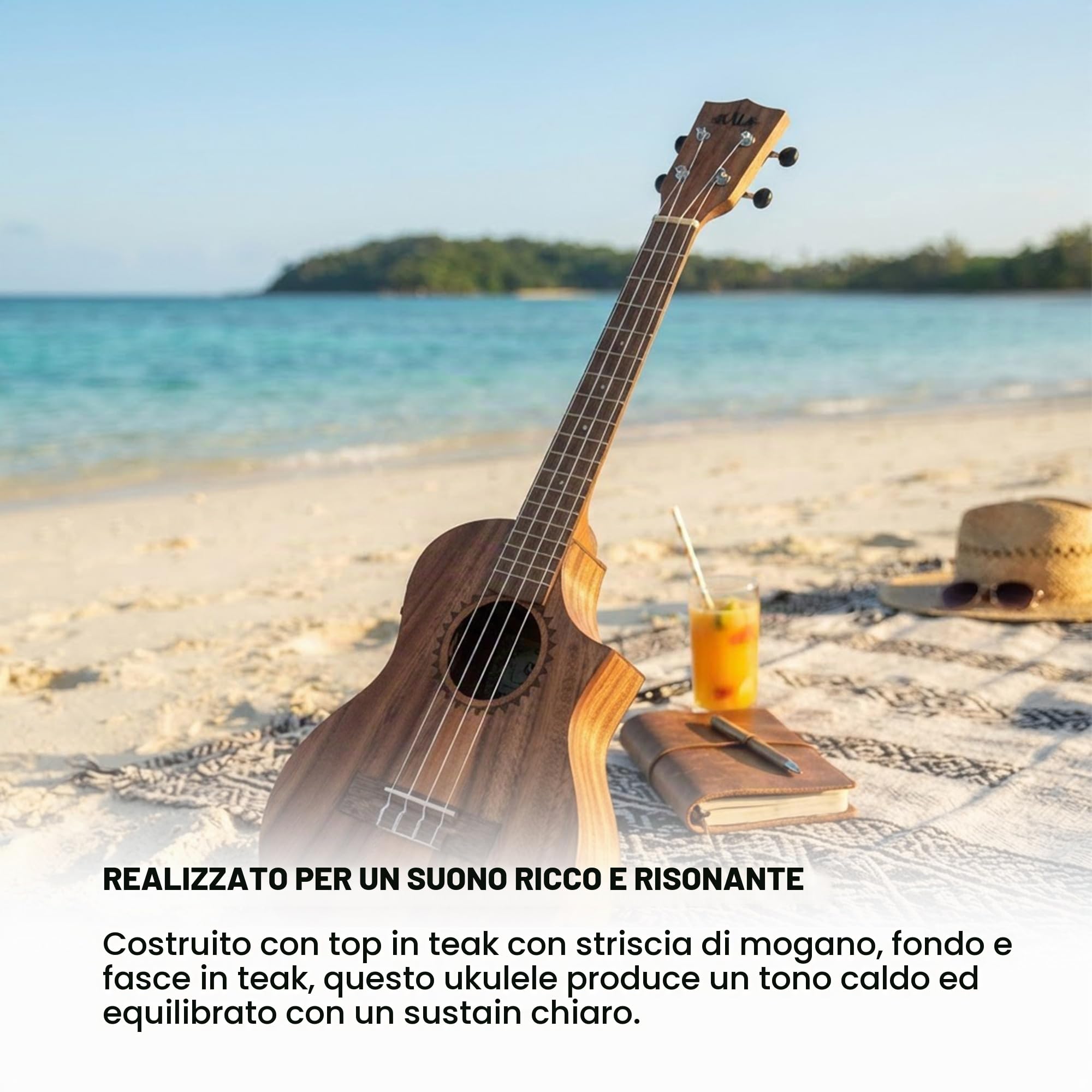 Kala Ukulele tenore tri-top in teak con cutaway ed equalizzazione, ukulele soprano acustico-elettrico, corpo in mogano, ideale per tutti i livelli di abilità, ottimo suono per principianti e