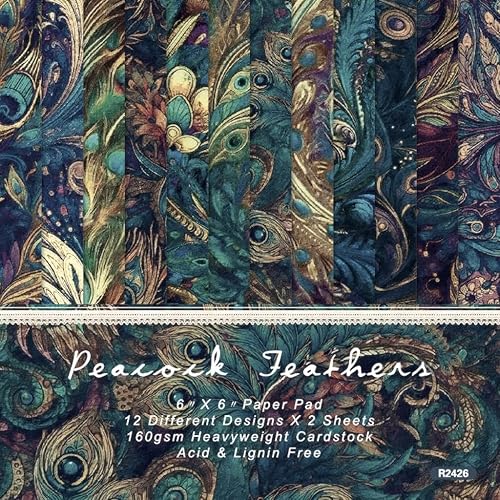 6x6 Inch Peacock Feather Themed Scrapbook Paper Pad – 24