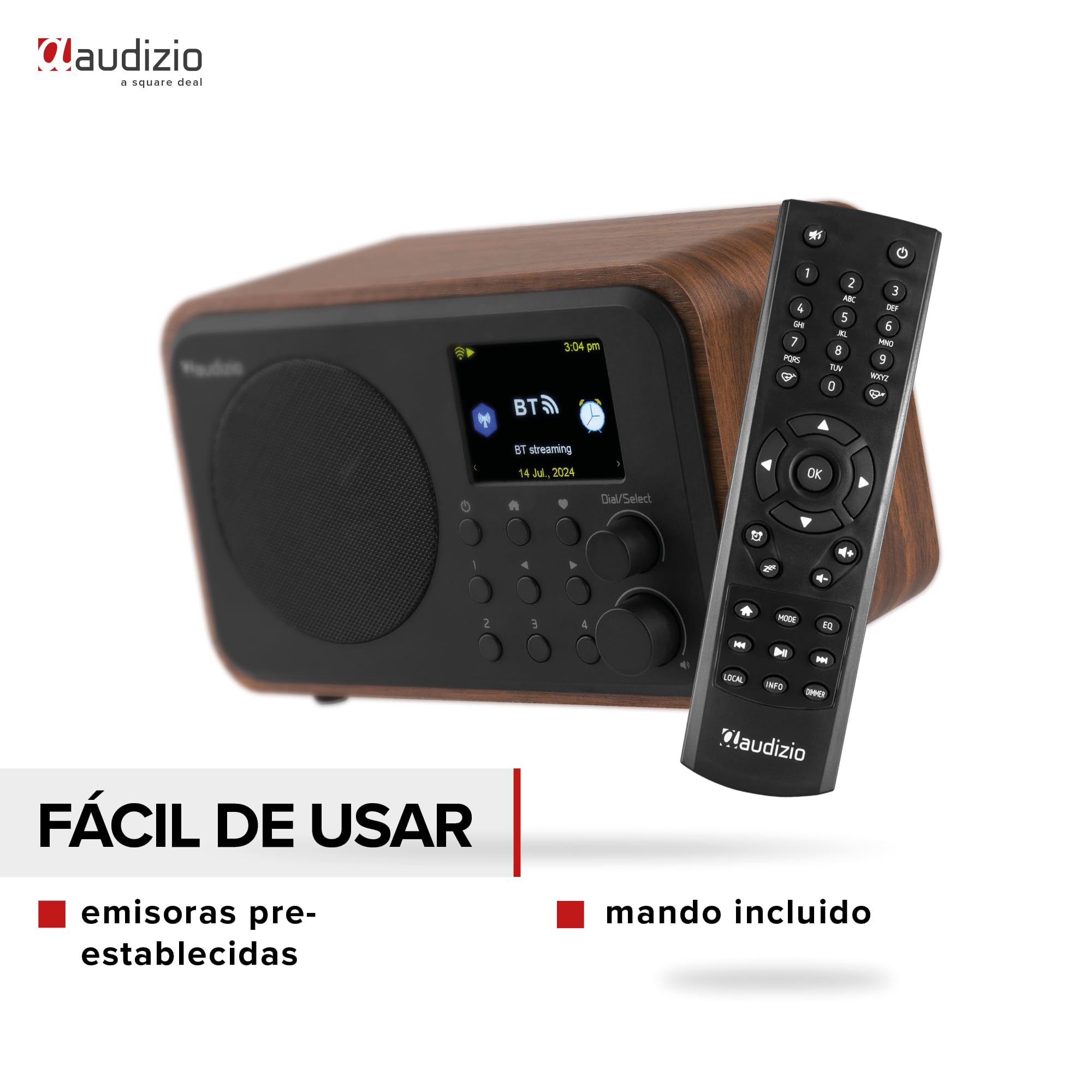 Audizio Vicenza - Radio digital DAB+/FM e Internet con Bluetooth 5.0, batería de 10h i pantalla a color, ideal para cocina, oficina o viajes, diseño compacto con WiFi integrado, acabado negro y madera