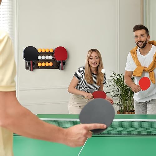 Miniatura 5 de ikkle Soporte de paleta de ping pong montado en la pared para 6 paletas y 12 pelotas de almacenamiento, organizador de accesorios de ping pong en