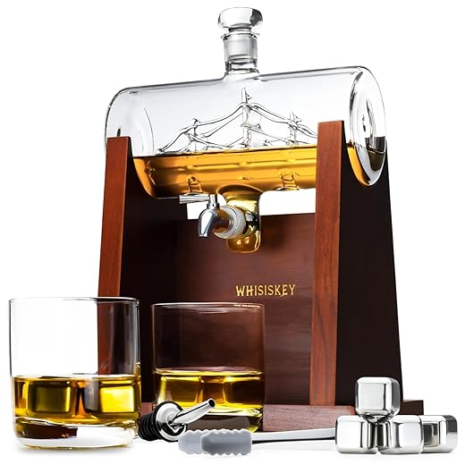 Karaffe Set - Whiskey Geschenkset - Geschenke für Männer - Männergeschenke Geschenk - Geburtstagsgeschenk Mann - Schiff Dekanter 1100ML, Geschenkbox, 2 Whisky Gläser, 4 Whisky Steine