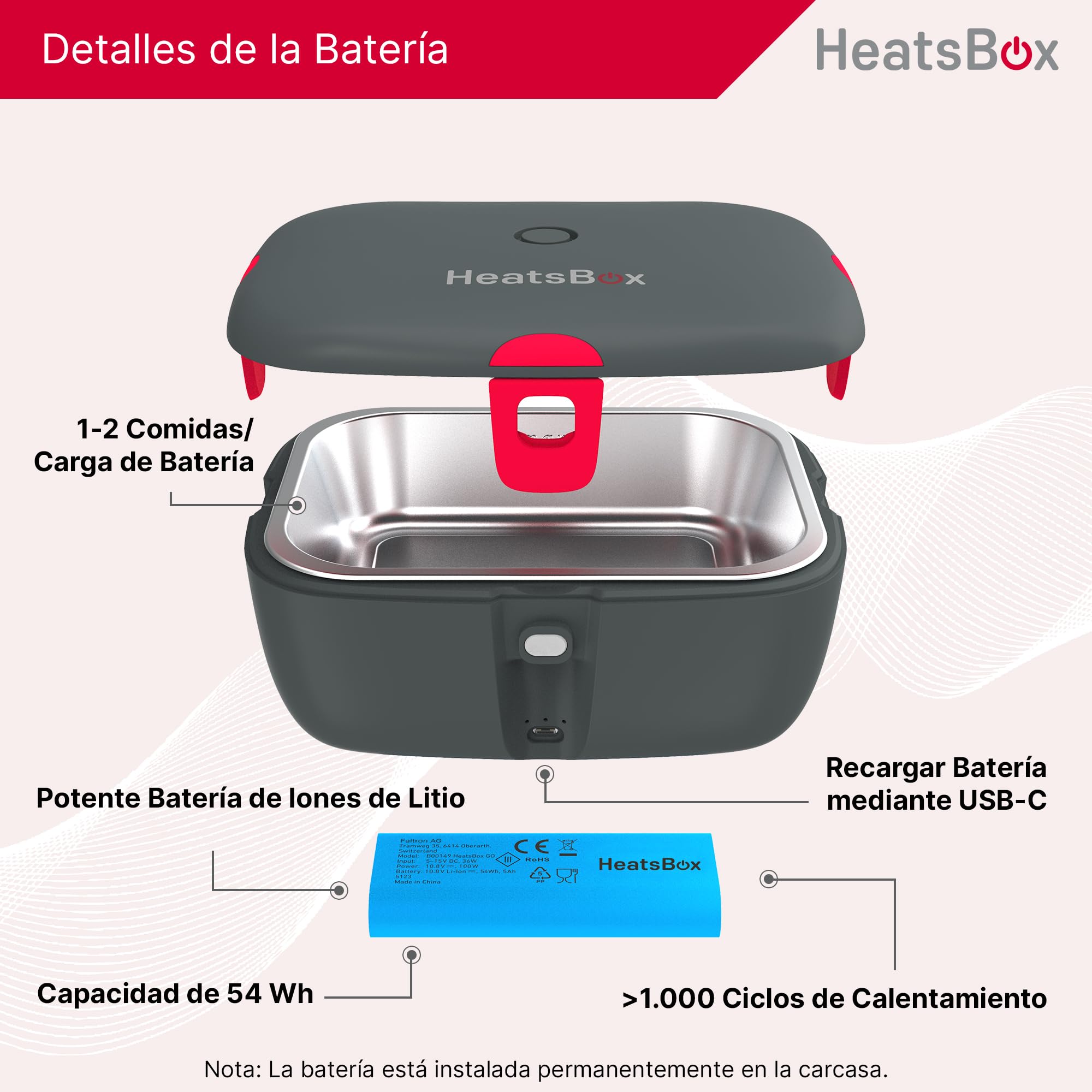 Faitron HeatsBox Go - Fiambrera Eléctrica para Calentar Alimentos sin BPA, Con Aplicación Controlable, Batería Integrada, Fiambrera Termica de Acero Inoxidable a Prueba de Fugas (925 ml), 100 W