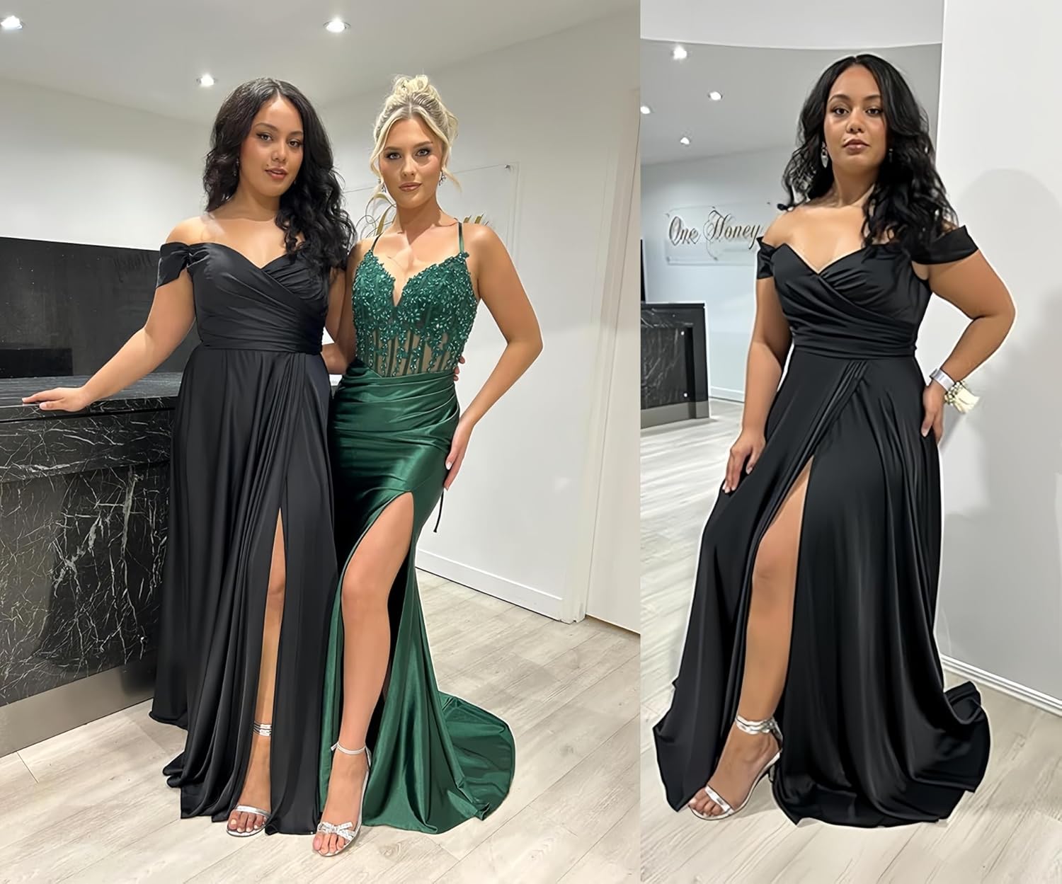 Women's Off The Shoulder Bridesmaid Dresses with Slit Satin Formal Gowns Long Prom Evening Party Dress with Pockets - Image 3
