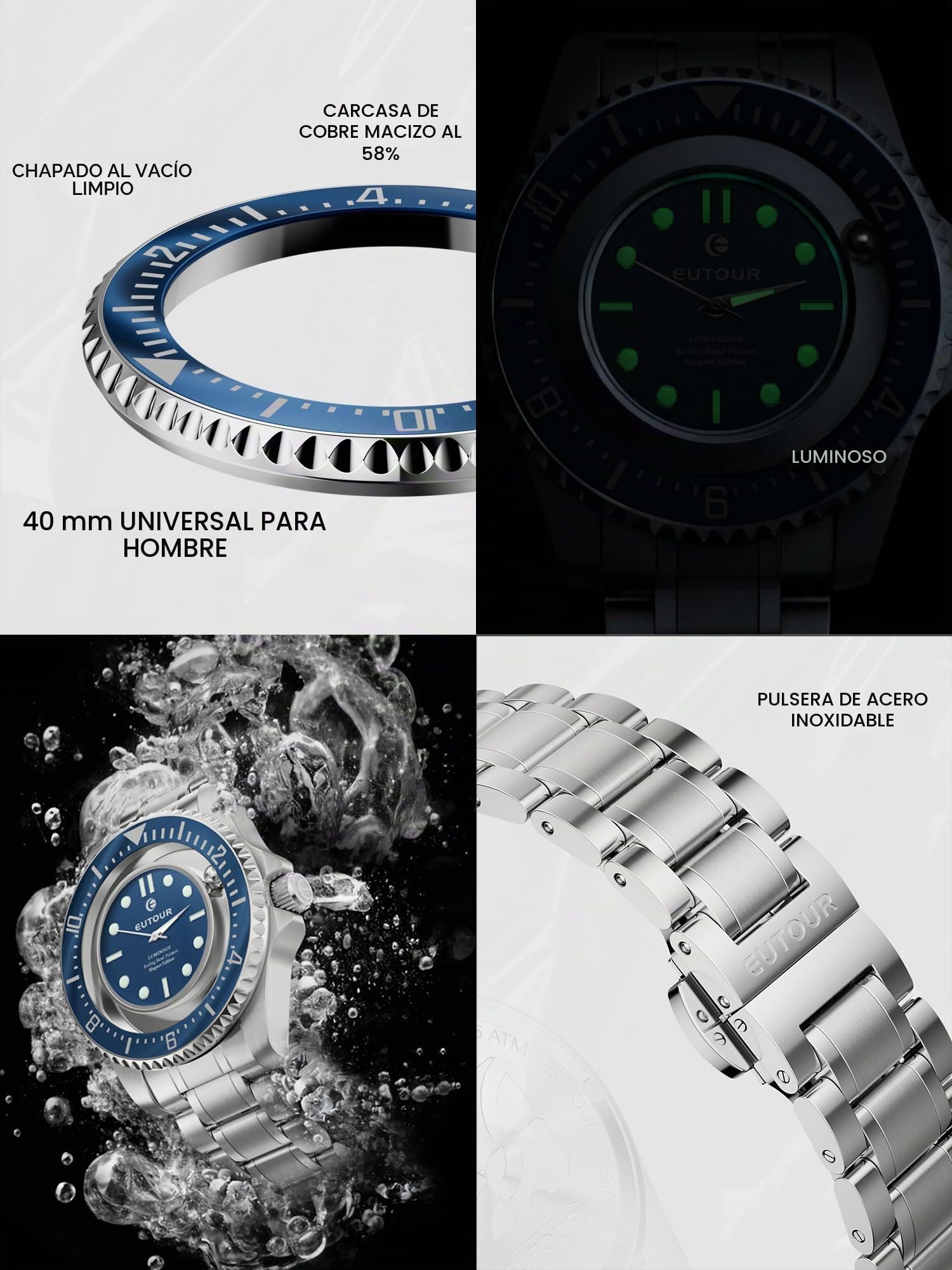 EUTOUR Reloj para Hombre, Reloj Magnético con Bola, Esfera de Cobre, Estilo Clásico, Movimiento Suizo, 40mm, Marcaciones Nocturnas