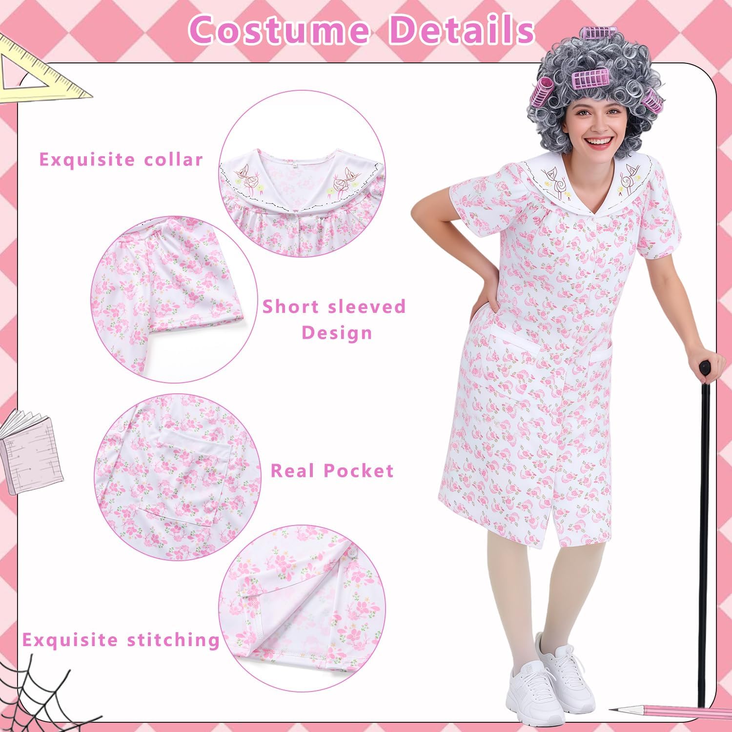 Old Lady Costume for Women 100 Days of School Costume Adult Grandma Costumes Dress Up Accessories for Halloween - Image 3