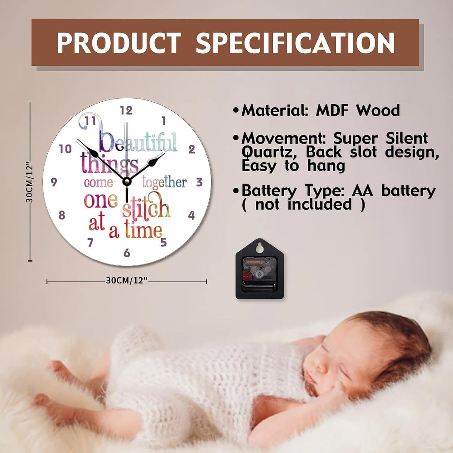 ArogGeld Sewing Room Wall Clock Sewing Knitting One12 Inch Round Wall Clocks Battery Operated Quiet Non-Ticking Farmhouse Hanging Clock Modern Wall Decor for Bedroom Living Room Kitchen School Office