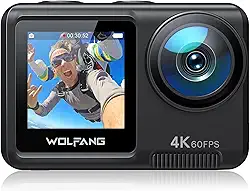 Câmera de Ação WOLFANG GA420 4K 60FPS 24MP WiFi Câmera à Prova d'Água Subaquática EIS 3.0 Zoom 8x Câmera de Capacete (Microfone Externo, Controle Remoto, 2x1350mAh Baterias e Kit de Acessórios)