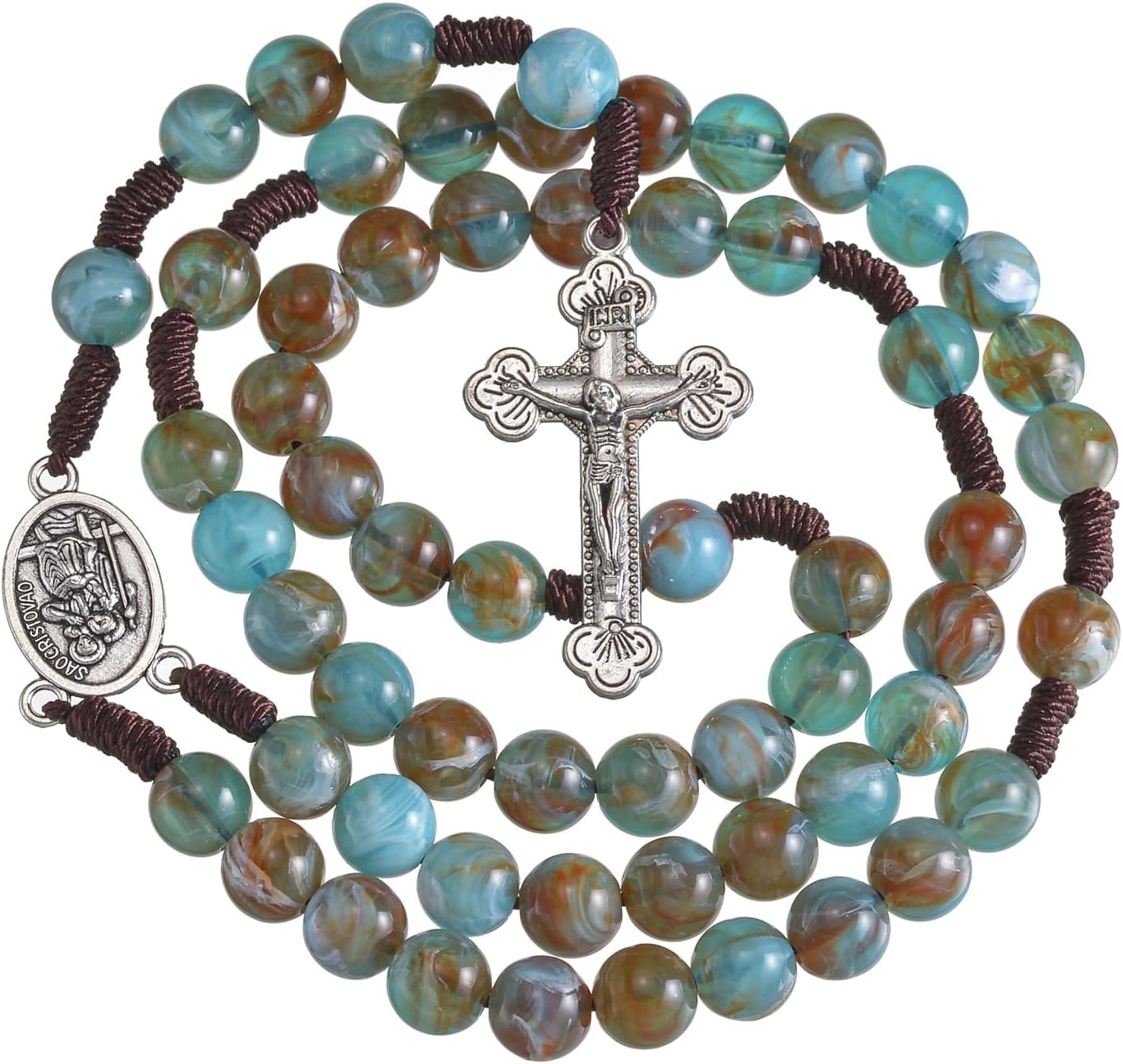 10mm Brown Beads Catholic Rosary Handmade Braided Rosaries with Curcifix Cross and Holy Mary Medal Amulet Rosary Beads Necklace for Women Men - Image 6