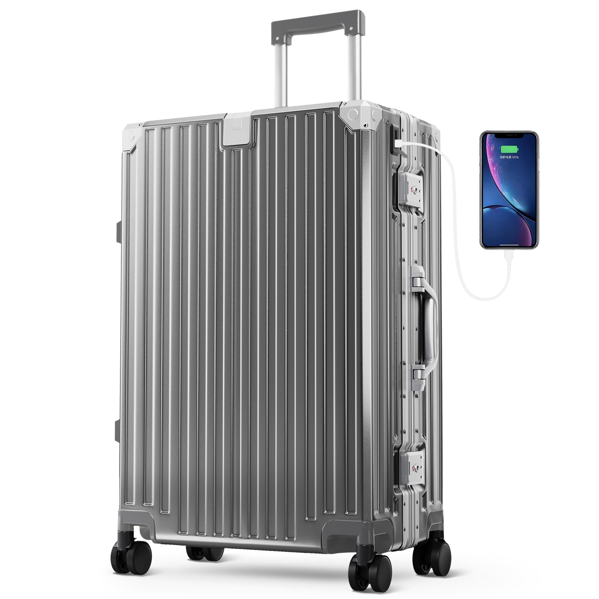 ALPHA CAMP Koffer L mit TSA Schloss Koffer Groß Grau Reisekoffer Reise 65L | 44x26.5x66CM Hartschalenkoffer mit Rollen Suitcase Polycarbonat Aluminium Rahmen Koffer Groß Rollkoffer Luggage für Reise