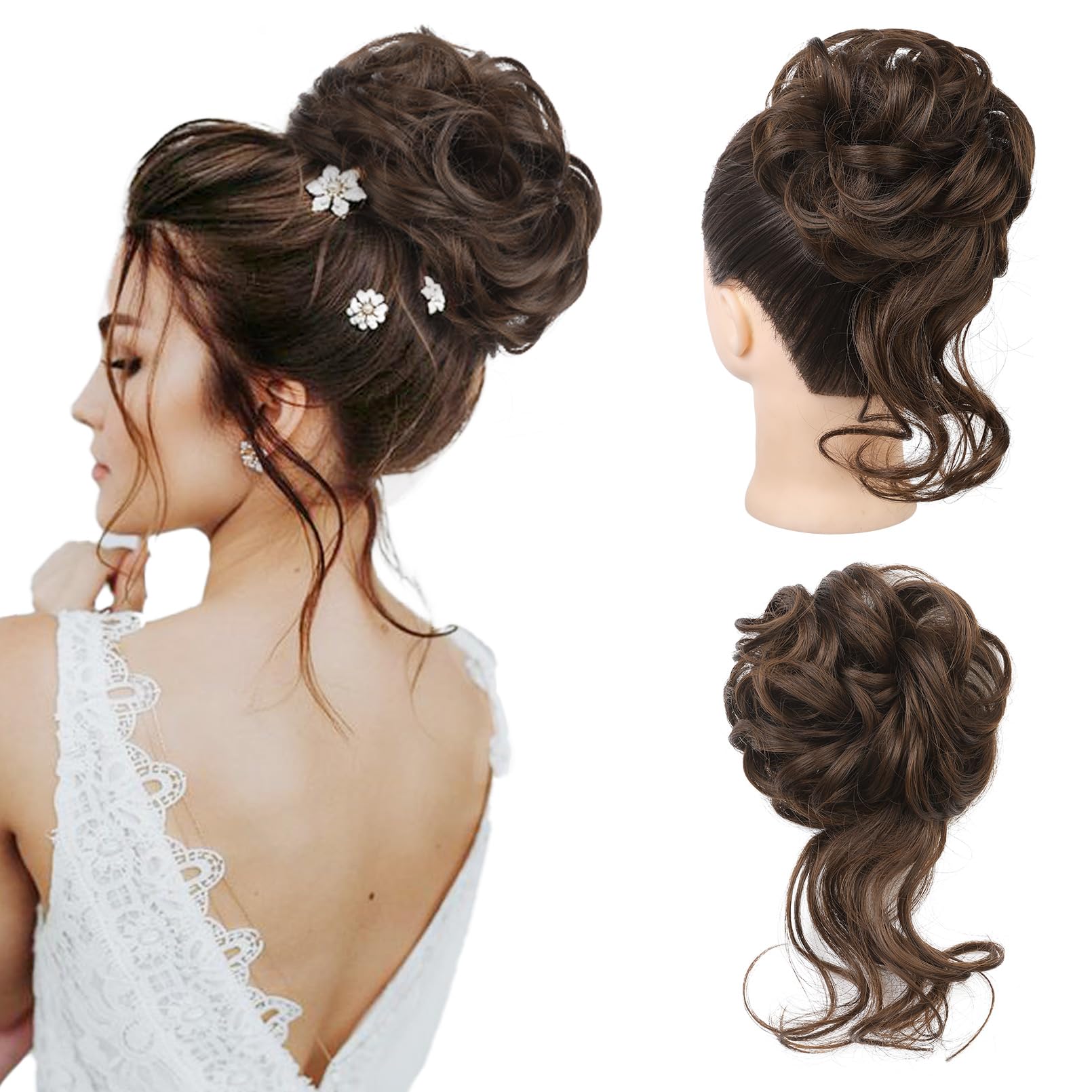 REECHO Messy Bun Hair Piece, Tousled Updo Elastic Hair Bun Hair Piece for Women Synthetic Messy Hair Bun Donut Accessories Scrunchies - Chestnut Brown