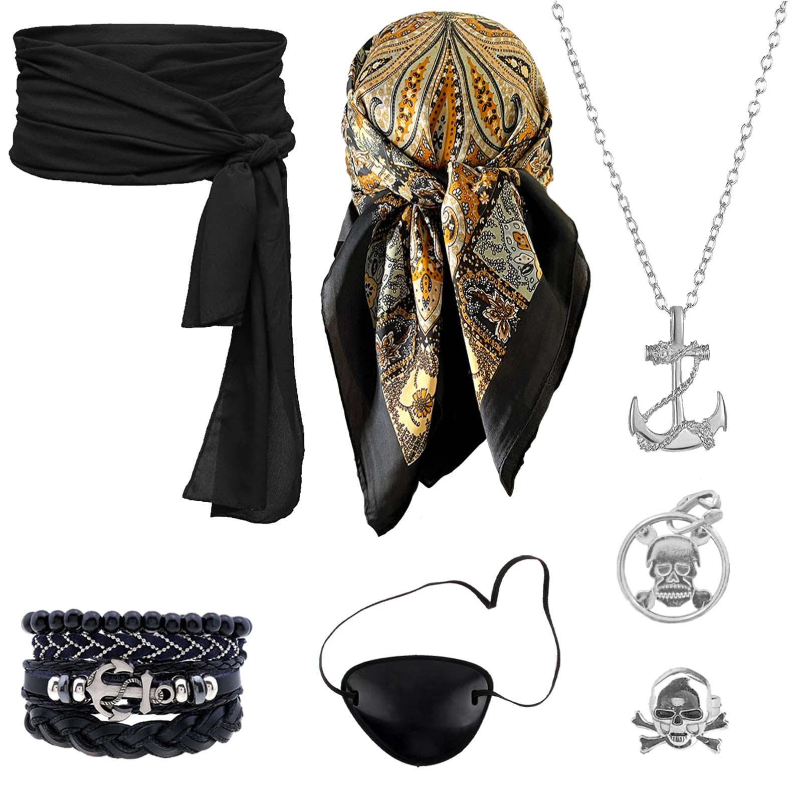 Set De 8 Accesorios Para Disfraz Pirata – 2 Pañuelos, 2 Parches De Ojo, 2 Pendientes De Aro Dorado Y 2 Collares – Ideal Para Halloween, Carnaval Y Fiestas De Cosplay