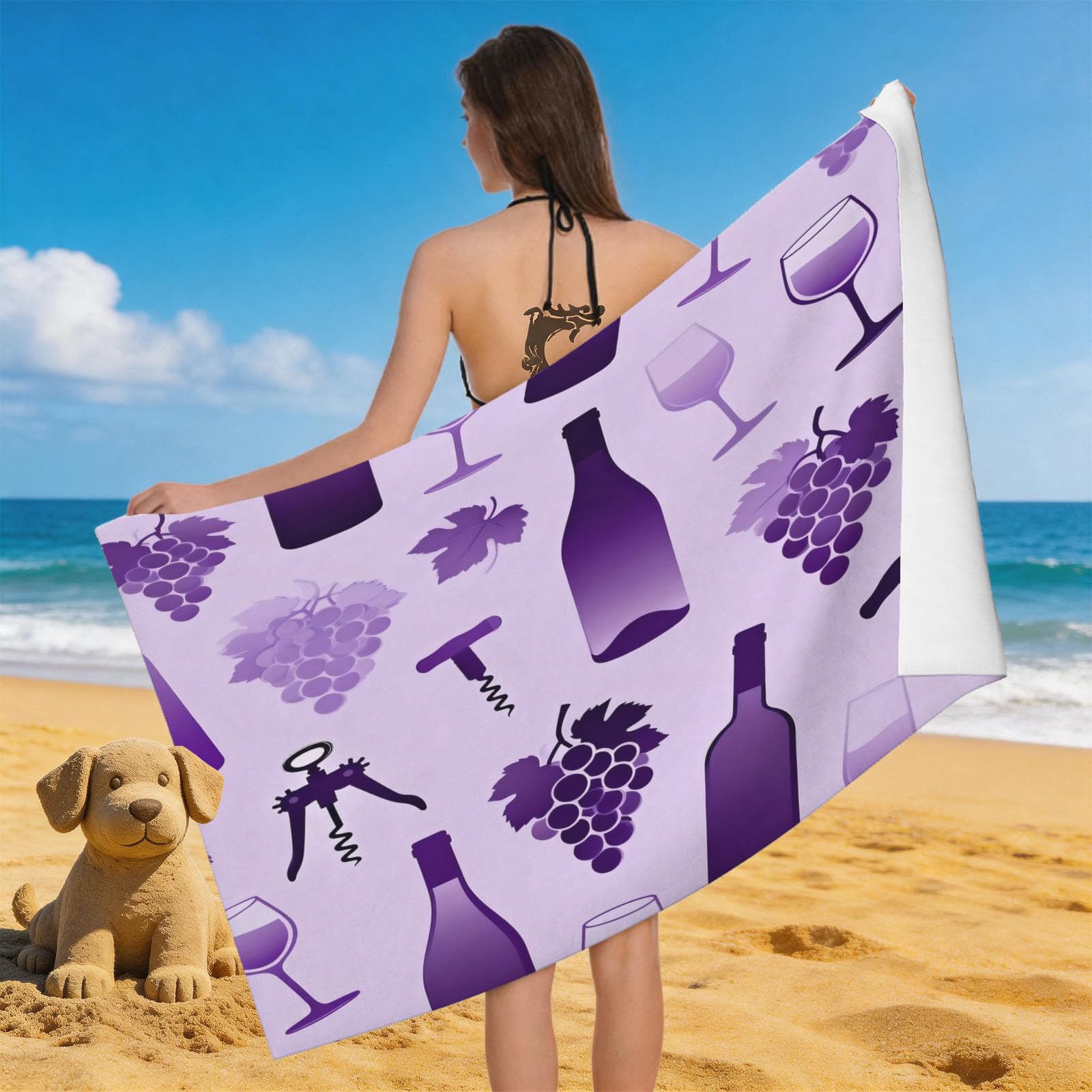 Leichong 3D Wine Beach Towel Microfiber Soft Quick Dry for Adults, Chic Bath Towel Lightweight Soft Absorbent for Travel Swimming Pool Sports, 75 x 150 cm