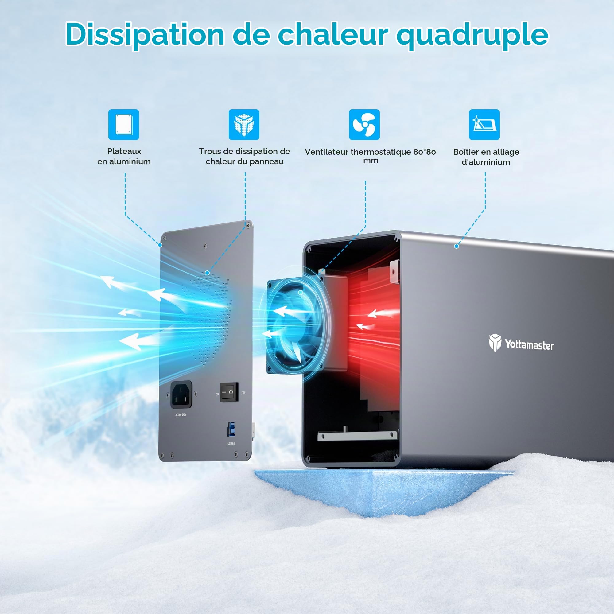Yottamaster 5 Baies Boîtier Disque Dur Externe, USB 3.0 pour 2,5"/3,5" SATA HDD/SSD, Jusqu’à 5 × 24 to, Boîtier Multi Disque Dur en Aluminium avec Ventilateur Intégré de 80 mm