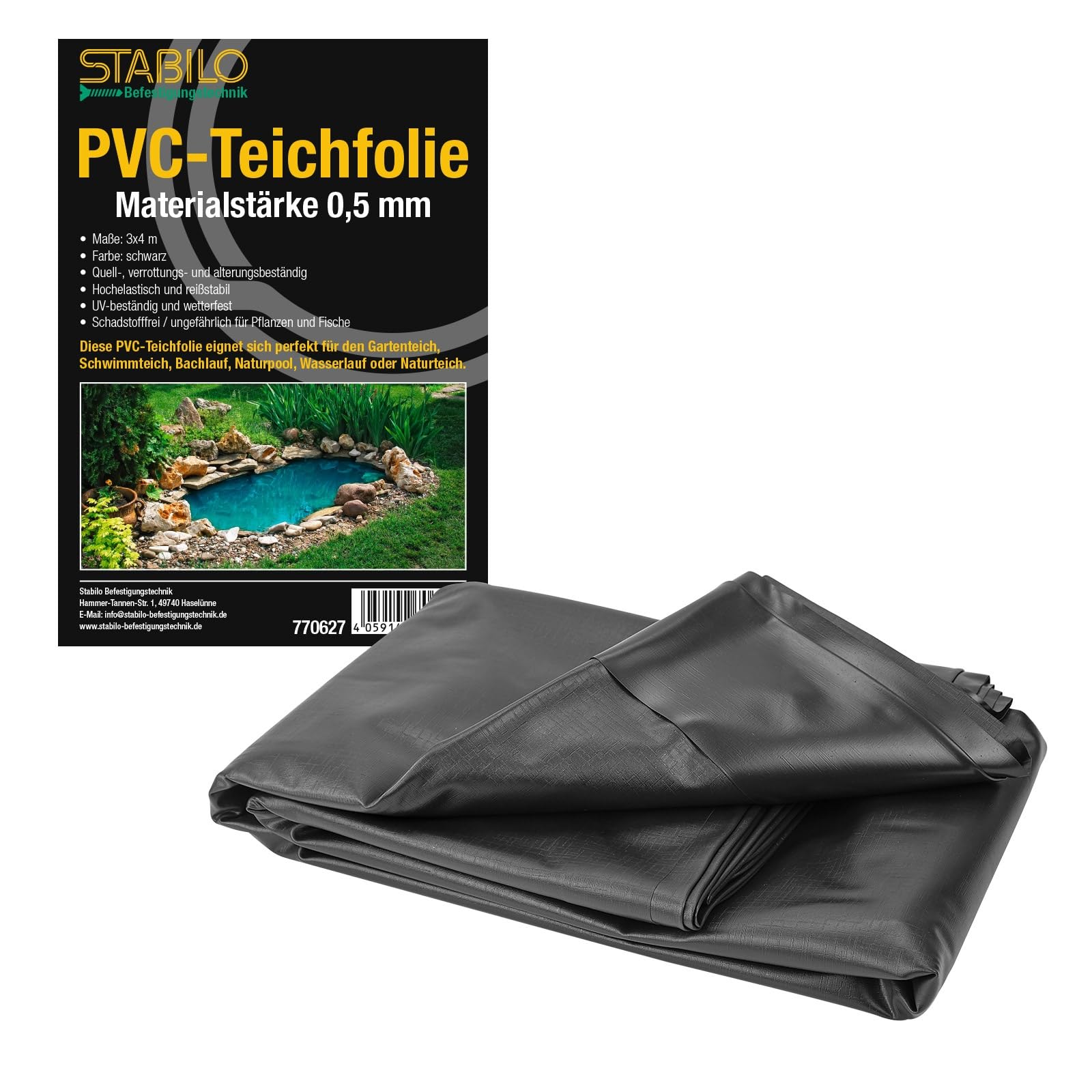 Stabilo Befestigungstechnik PVC Teichfolie 0,5mm - 3x4m | Folie UV- und witterungsbeständig