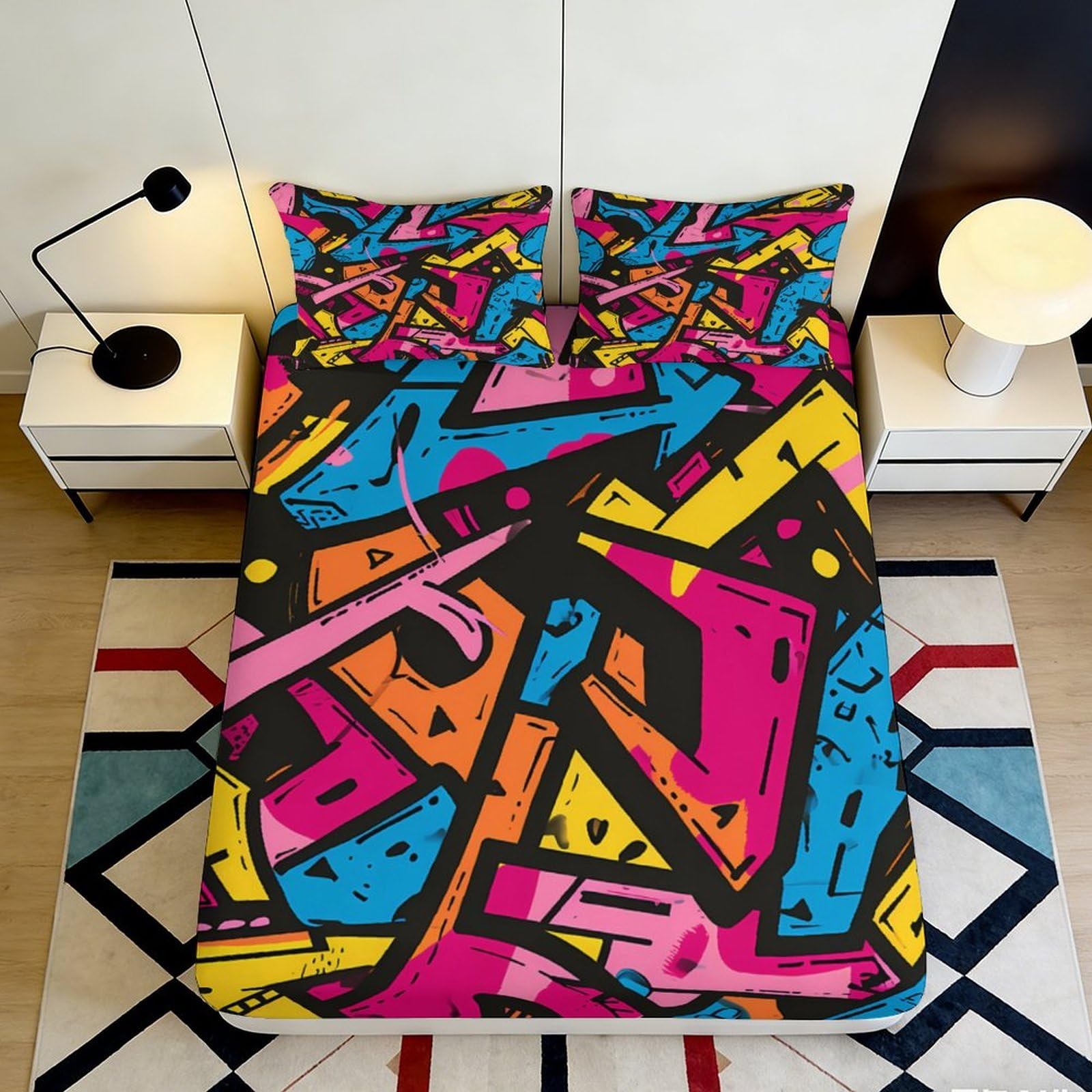 3D Printed Graffiti Art Fitted Sheet Microfiber Soft Vibrant Abstract Color Mattress Cover for Bedroom Dorm Decor 90x200x25cm