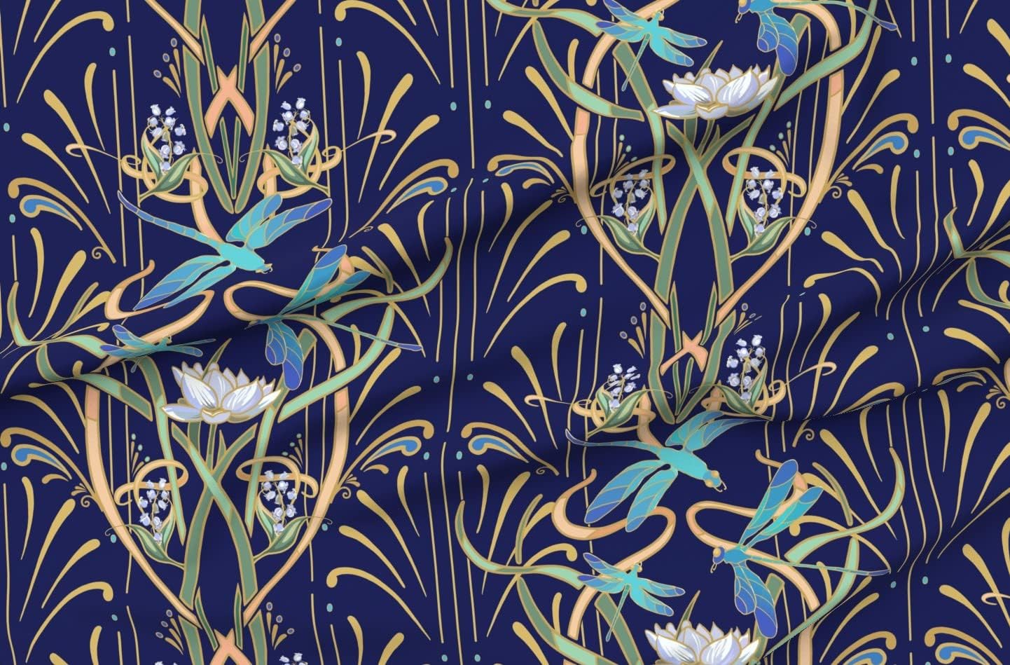 Spoonflower Fabric - Bold Art Nouveau Large Scale Dragonflies Aqua Lotus Lily of The Valley Printed on Minky Fabric by The Yard - Sewing Baby Blankets Quilt Backing Plush