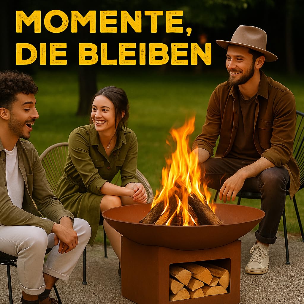 Feuerstelle mit Untergestell, Ø57cm, Feuerkorb für Garten & Terrasse, Lagerfeuer Feuerschale aus Metall - Rostoptik