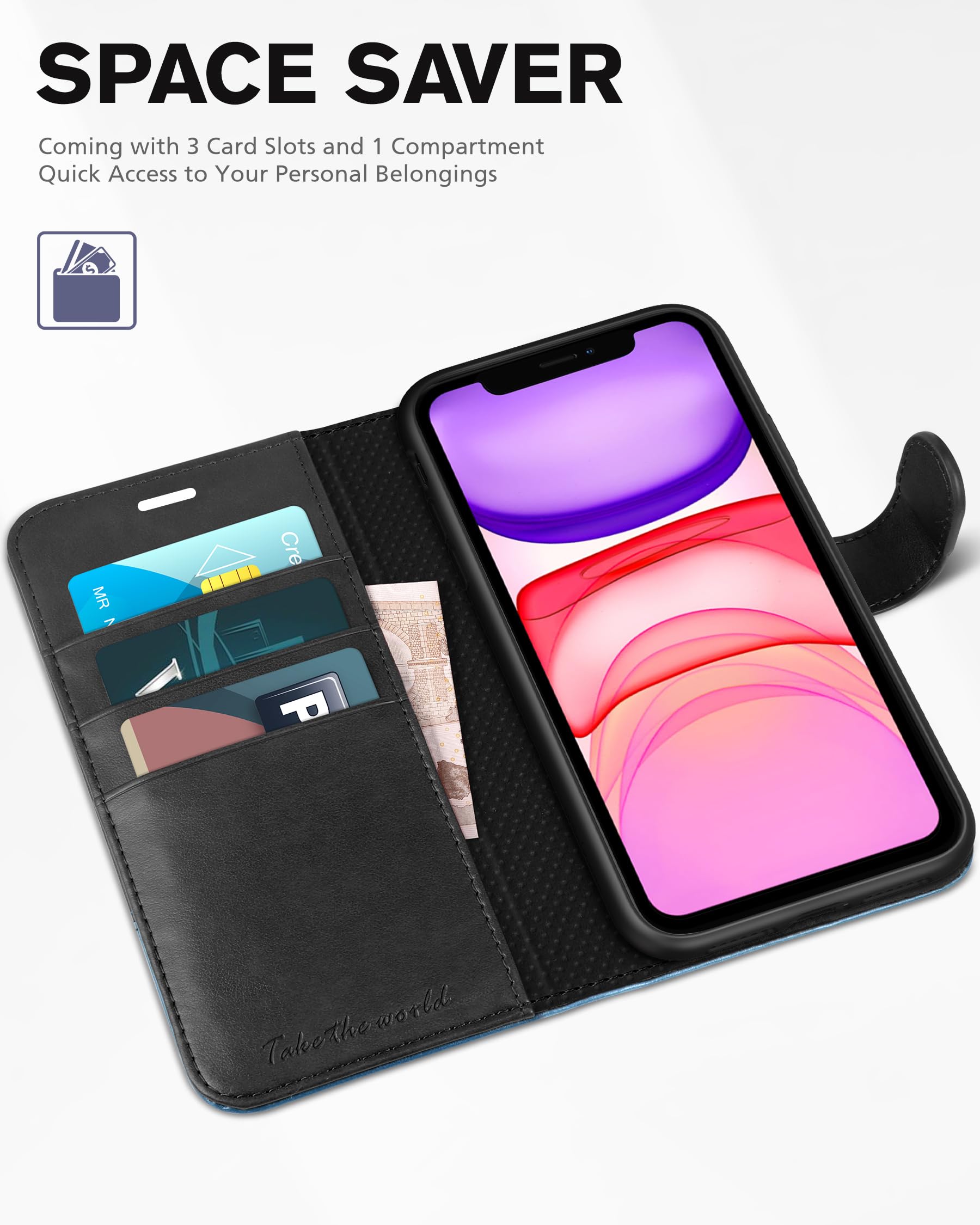TUCCH Cover per iPhone 11, Custodia Folio [RFID Blocking] Portafoglio Pelle Sintetica TPU Antiurto, Supporto Slot per Schede Protezione Ottimale per iPhone 11 (6,1 pollici, 2019), Nero Azzurro