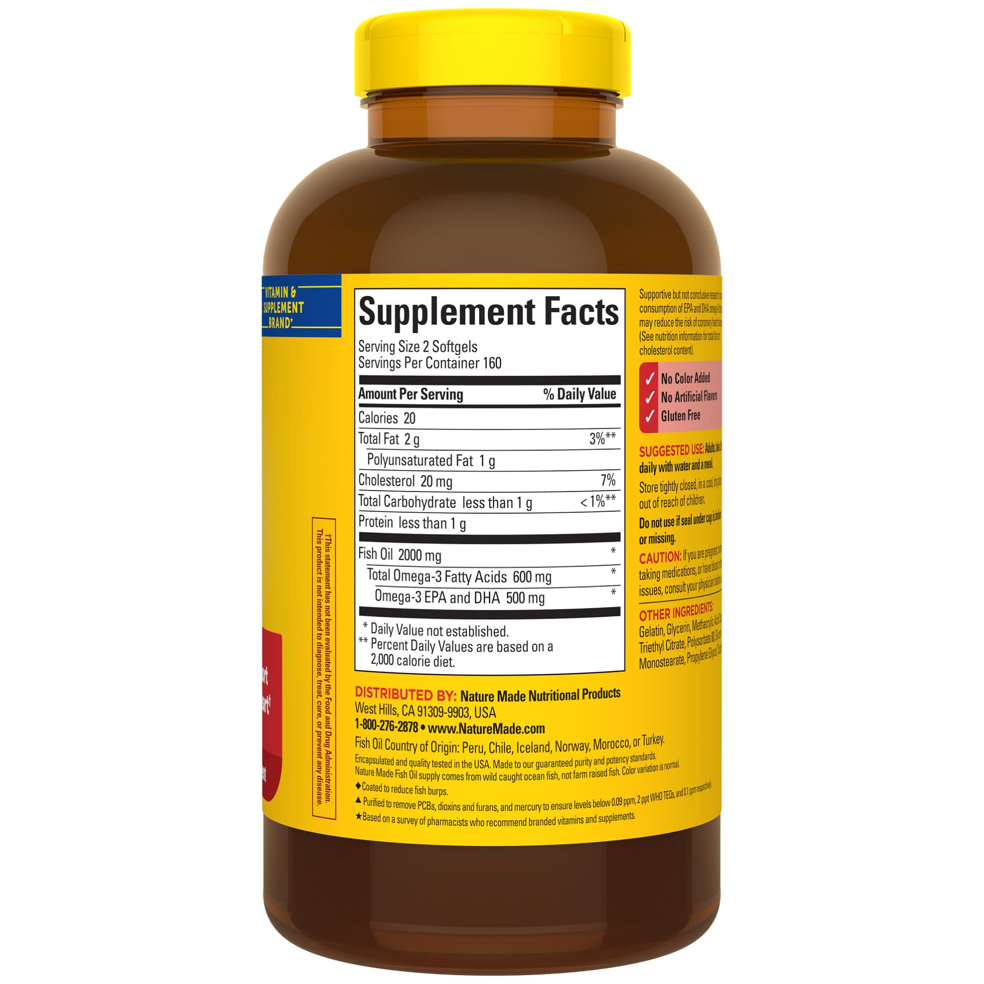 Nature Made Burp Less Fish Oil Omega 3 Supplements, 1000mg Softgels, Omega 3 Fish Oil Supplements for Healthy Heart Support, 320 Softgels, 160 Day Supply