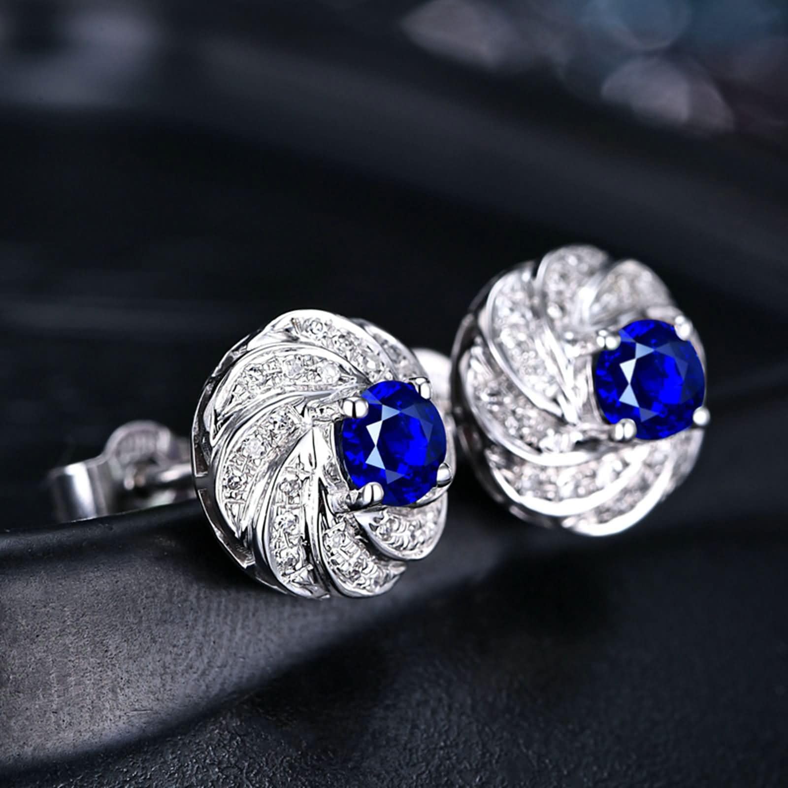 Ohrringe 9K / 14K / 18K Weißgold für Damen, Rund mit Saphir 0,72 Karat / 1 Karat und Diamant, Ohrringe Blau Silber Frauen für Hochzeit