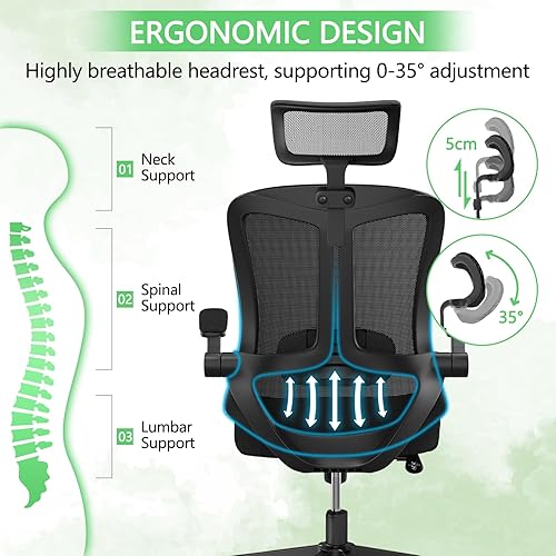 Miniatura 5 de Silla de oficina de malla, ergonómica con soporte lumbar, color negro, estilo moderno, respaldo de malla, bloqueo de inclinación de 90-135, peso