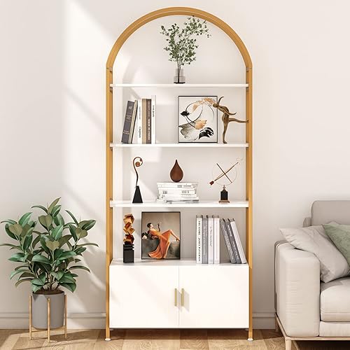 Miniatura 6 de Saudism Estantería arqueada, estantería dorada con almacenamiento de puertas, estante dorado de 71 pulgadas de alto con marco de metal resistente,