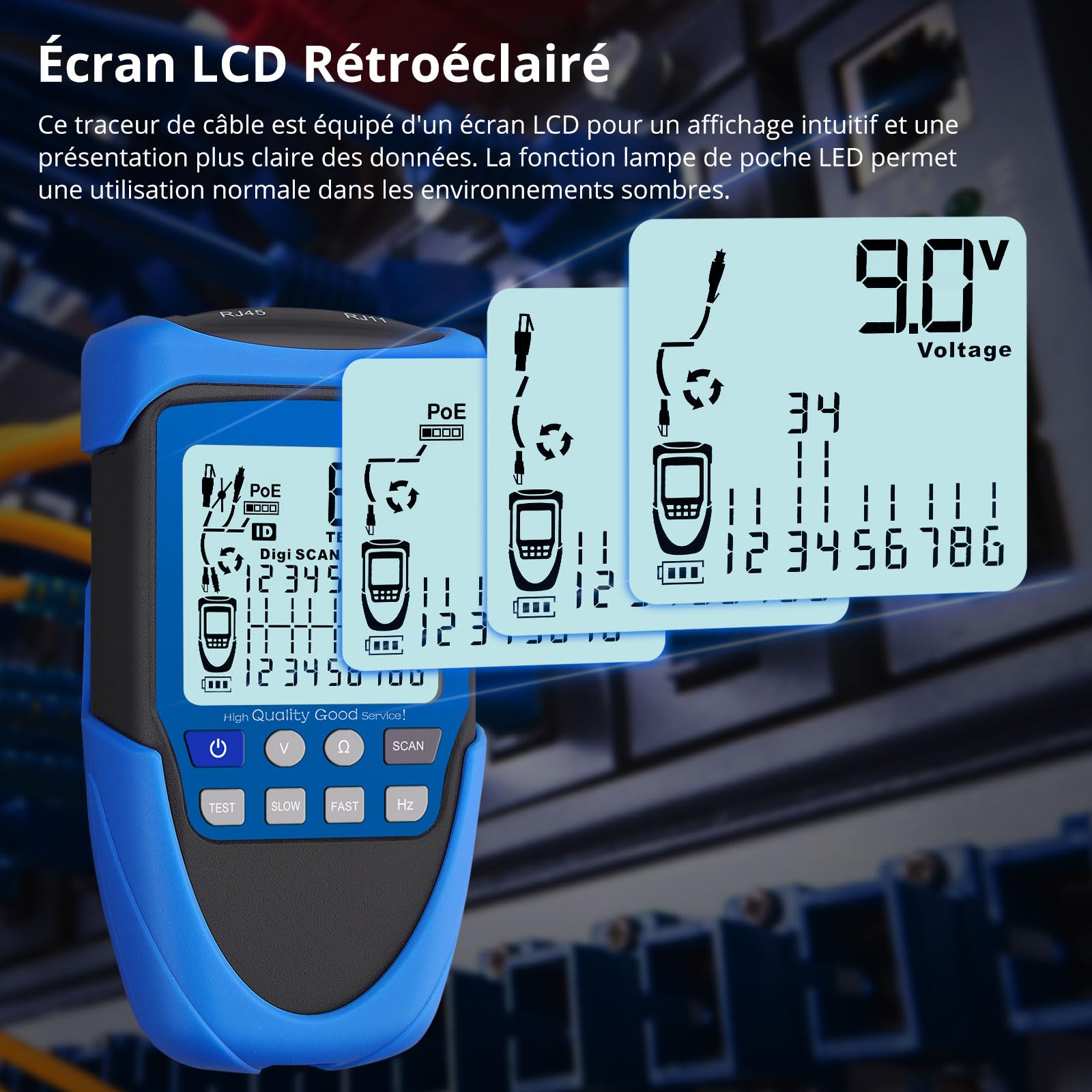 Testeur de Câble Réseau RJ45 Testeur de Câble Réseau à Deux Modes avec Fonction PoE Testeur de Ligne Ethernet avec Écran LCD et Sac de Rangement Traqueur de Fil Multifonction