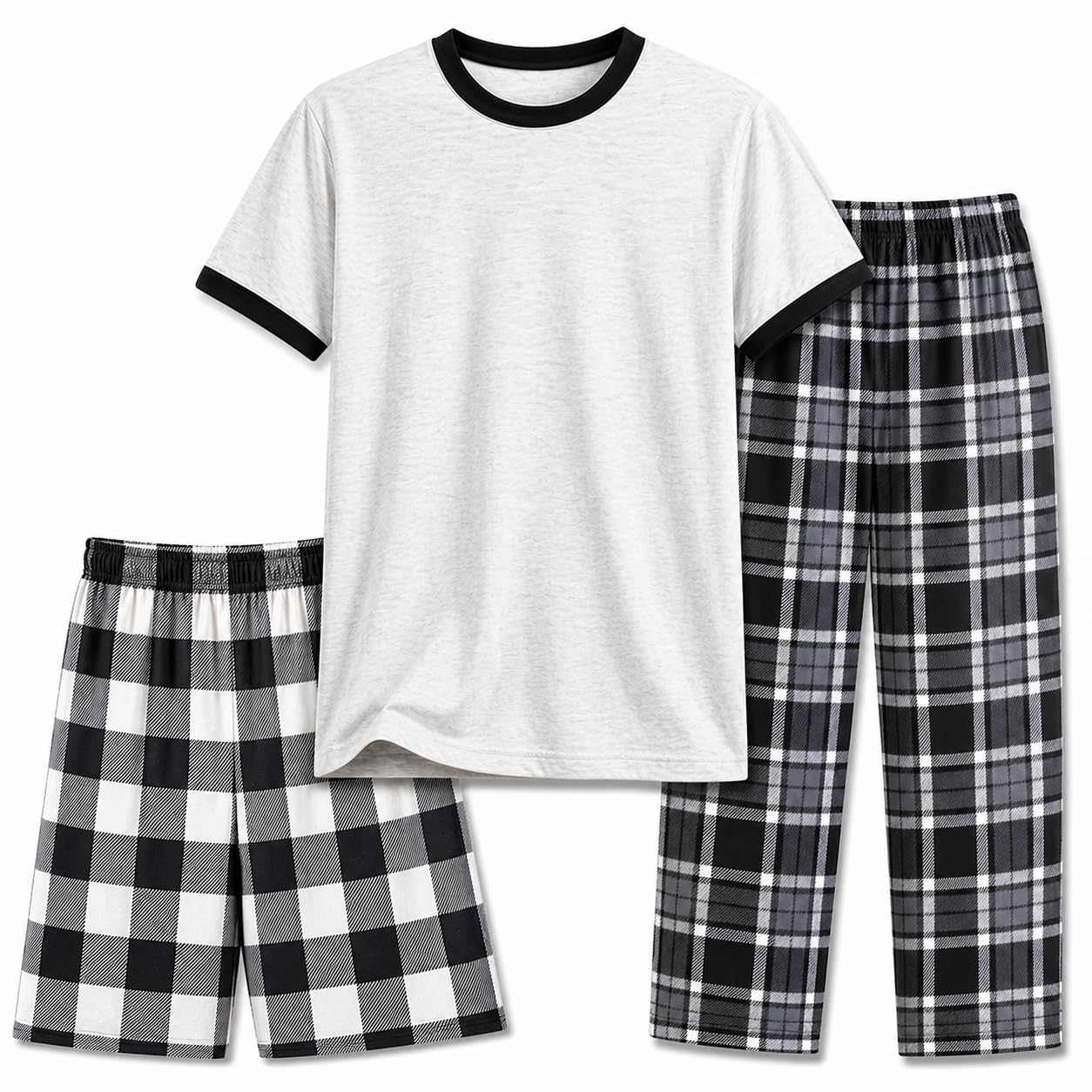 US Angels Boys Pajamas Set | 3-Piece Pant, Shirt, Shorts Sleepwear Pjs for Kids | Loose Fit, Soft, Breathable Blue Plaid