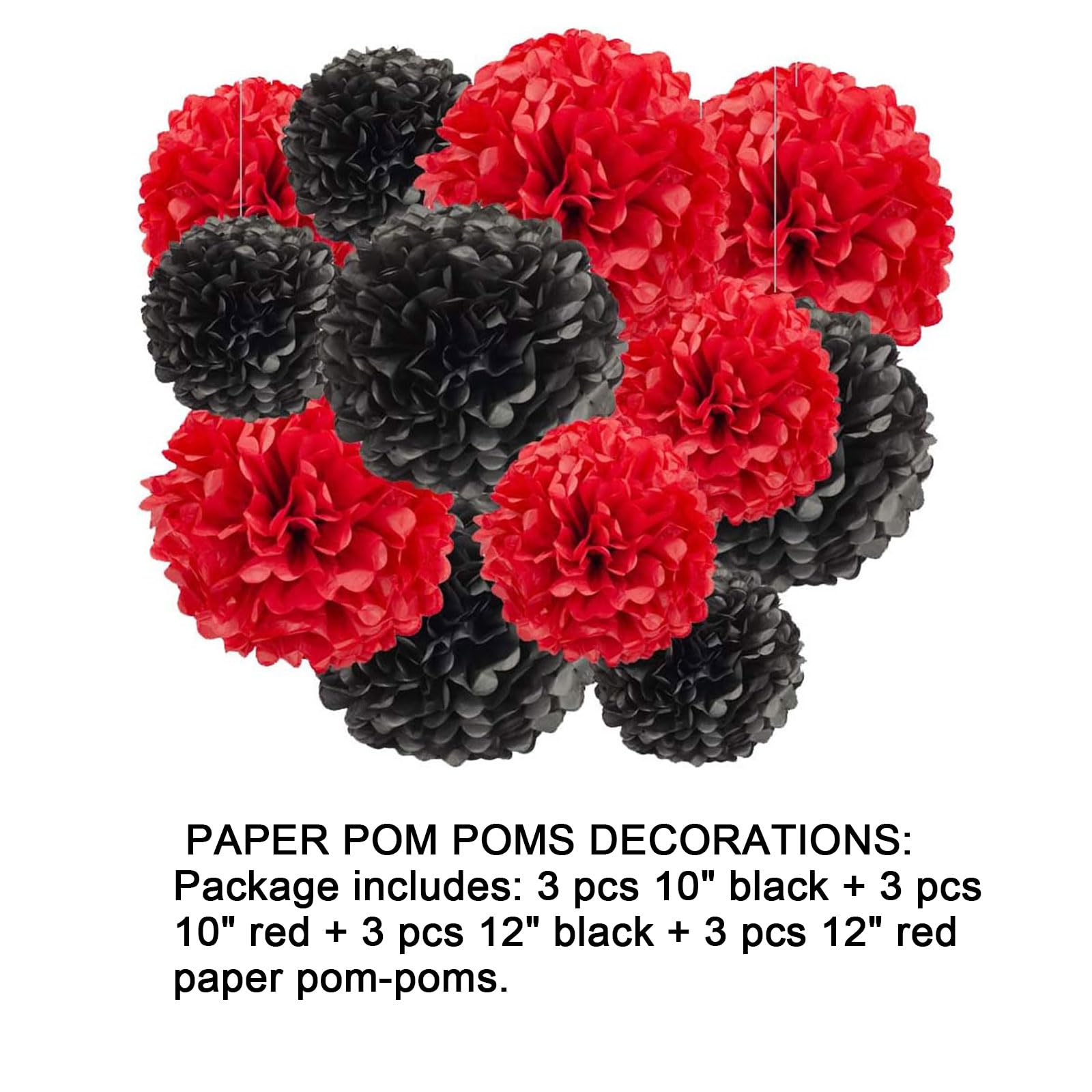 Kubert Tissue Paper Pom Poms - 12 Pack Black & Red Decorative Flowers For Parties & Weddings