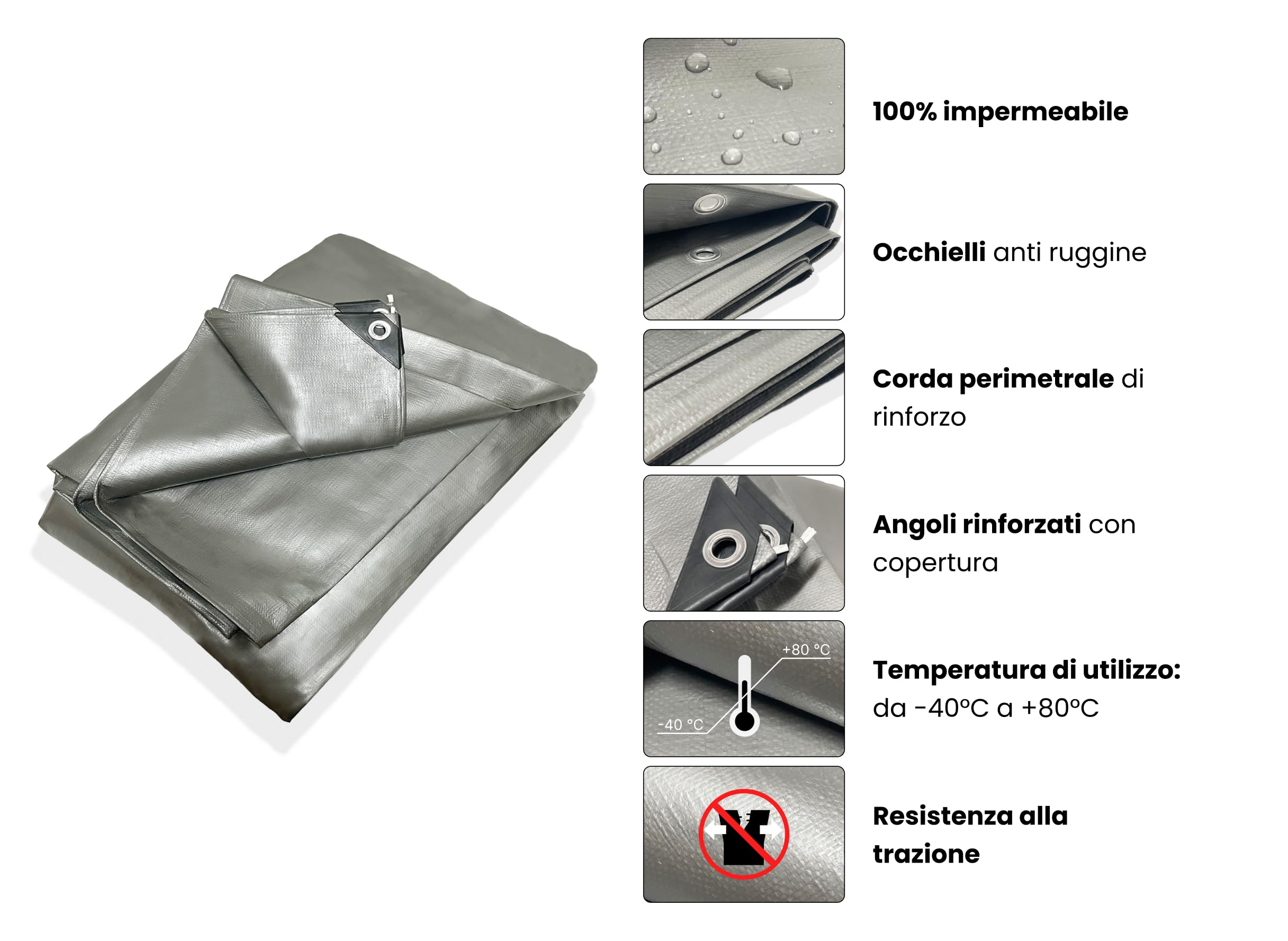 Telo impermeabile da Esterno 6x10 mt 260 gr/m² | Telone Occhiellato In Polietilene Rinforzato Antistrappo con Occhielli Antiruggine, Angoli Rinforzati e Corda Perimetrale