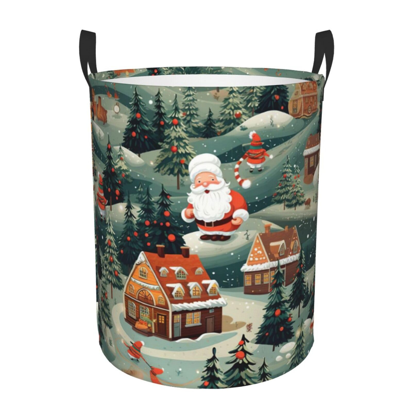 M Collapsible Laundry Hamper Round Christmas village Print Storage