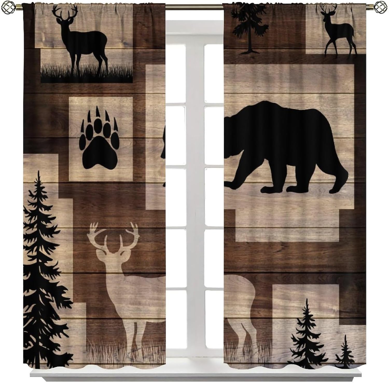Rustic Farmhouse Cabin Curtains, Bear Deer Forest Window Treatment for Living Room Hunting Camping Wild Animals Retro Cabin Country Lodge Blackout Drapes for Kitchen Bedroom W42xL45in