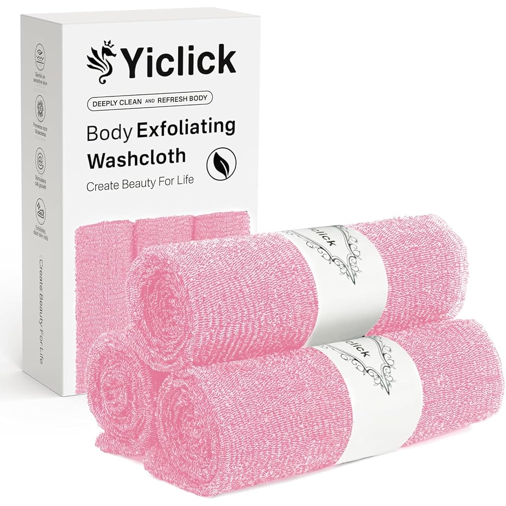 Yiclick Exfoliating Washcloth Towel, Japanese Exfoliating Bath Wash Cloth for Body Exfoliation, Korean Back Scrubber Washer for Shower, African Net Sponge Brush Loofah Exfoliator (Pink)